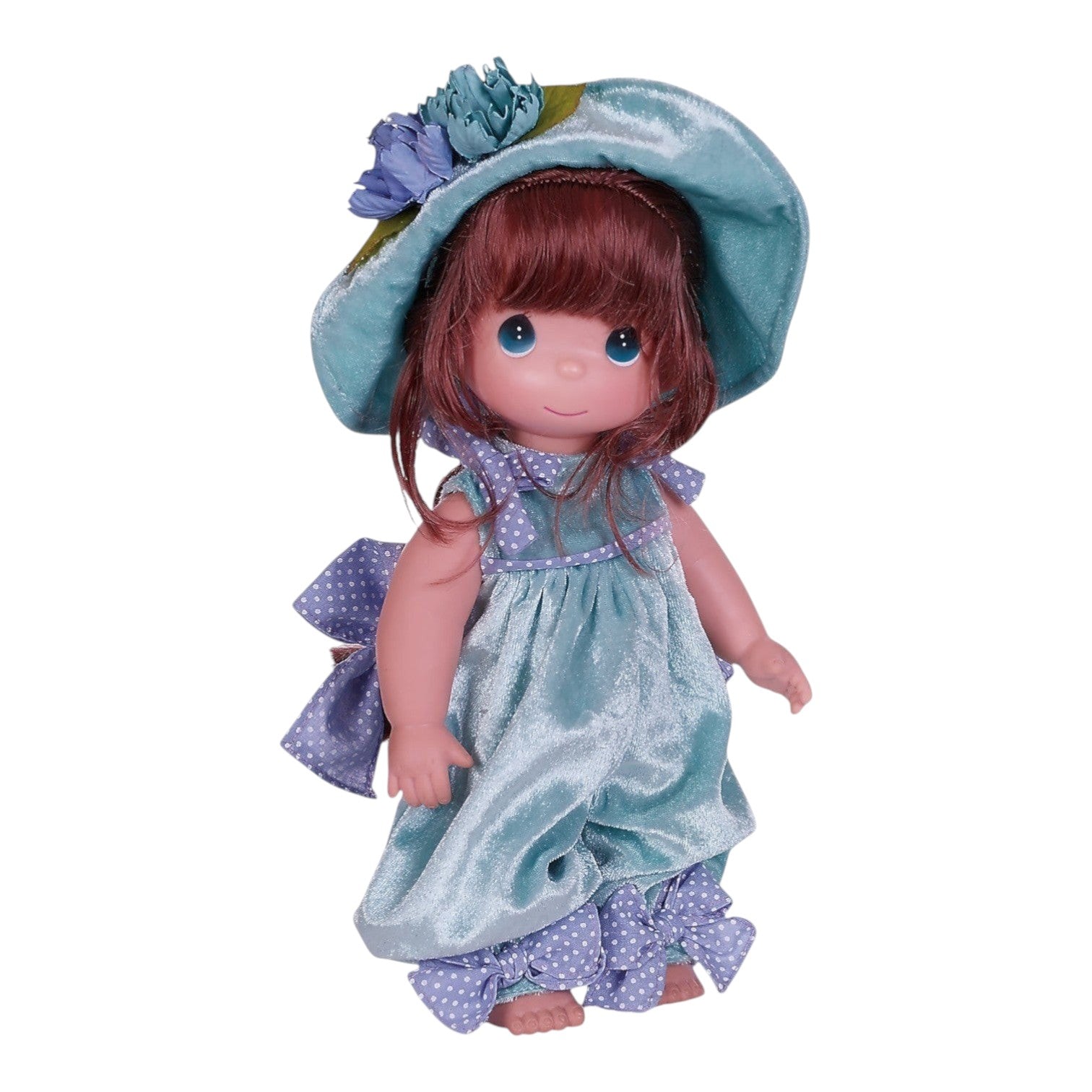 doll dressed in a delightful blue outfit with a matching hat. She is barefoot and ready to play outside with her friend Pansy Pooh on a beautiful spring day.