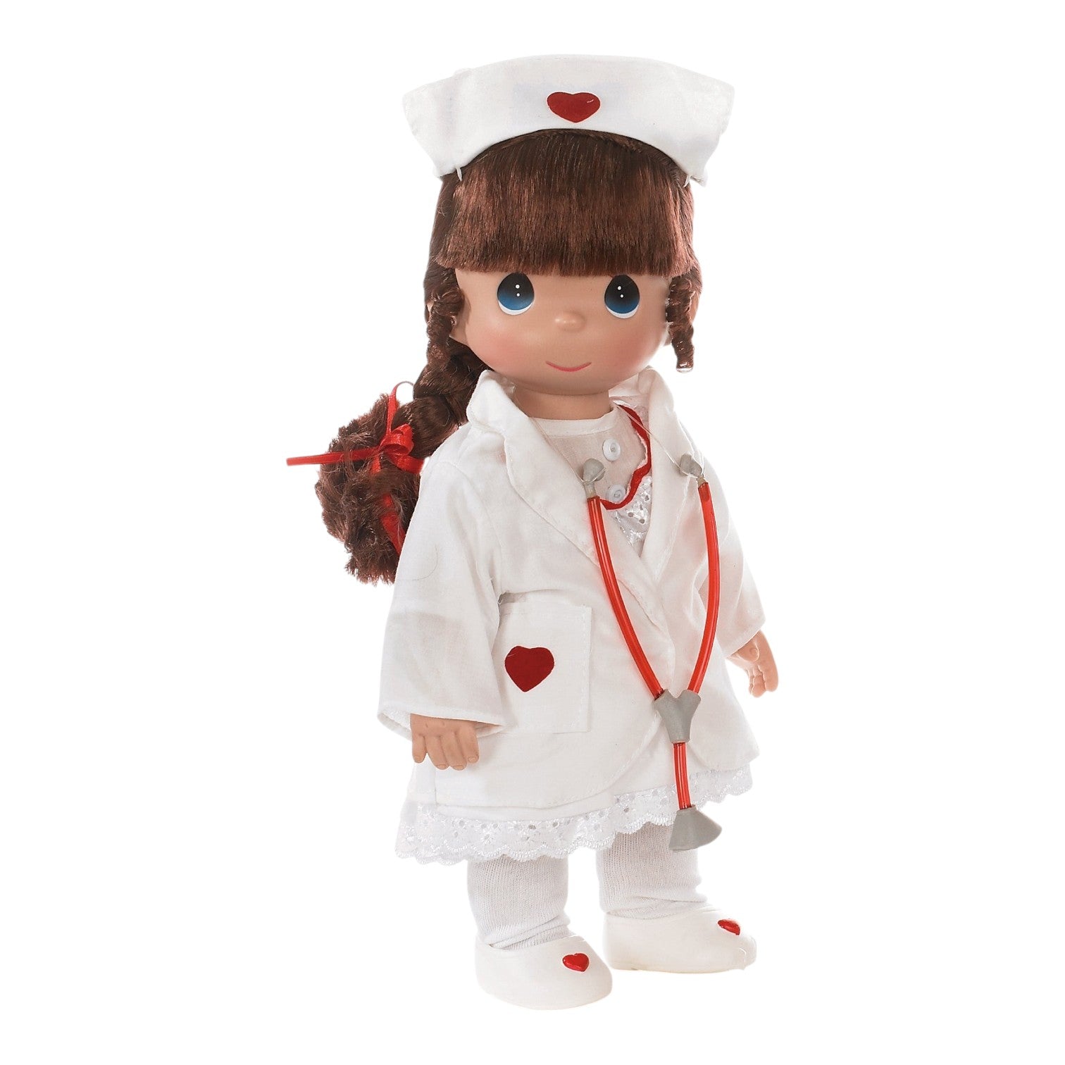 The Doll Maker Loving Touch Nurse brunette vinyl doll wearing a white uniform with red heart accents and a stethoscope.
