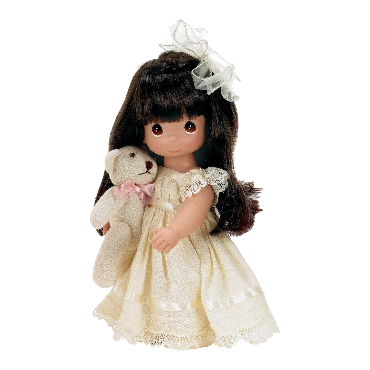 The Doll Maker Cherish Me Always brunette vinyl doll wearing an ivory lace gown and holding a small teddy bear