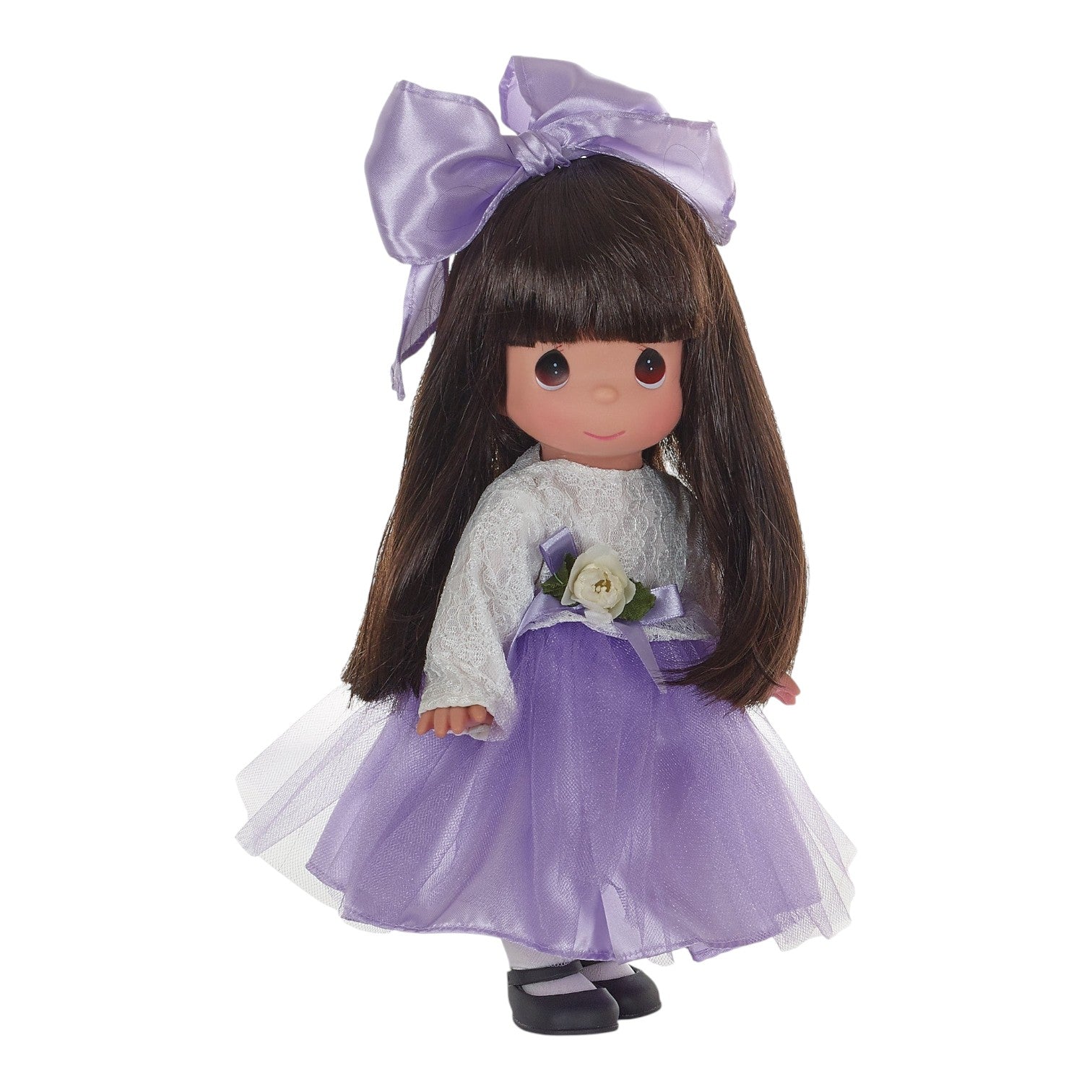 The Doll Maker 12 inch vinyl doll with brunette hair, wearing an ivory lace blouse and a violet tulle dress.