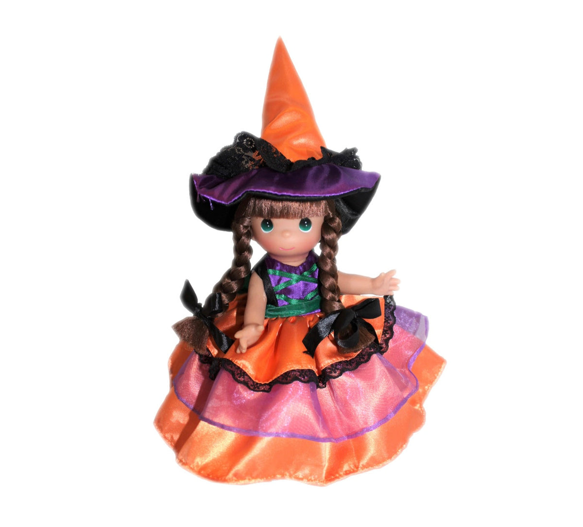 The Doll Maker brunette witch doll wearing an orange and purple satin dress with a matching pointed hat