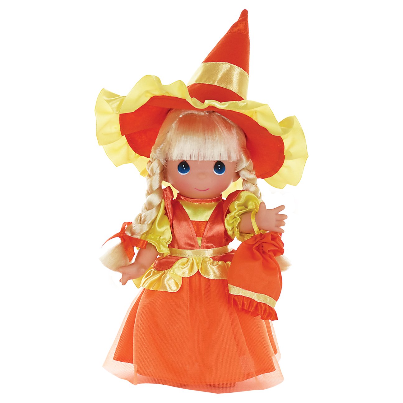 The Doll Maker Candy Corn Cuties blonde vinyl doll wearing an orange and yellow witch hat and matching dress