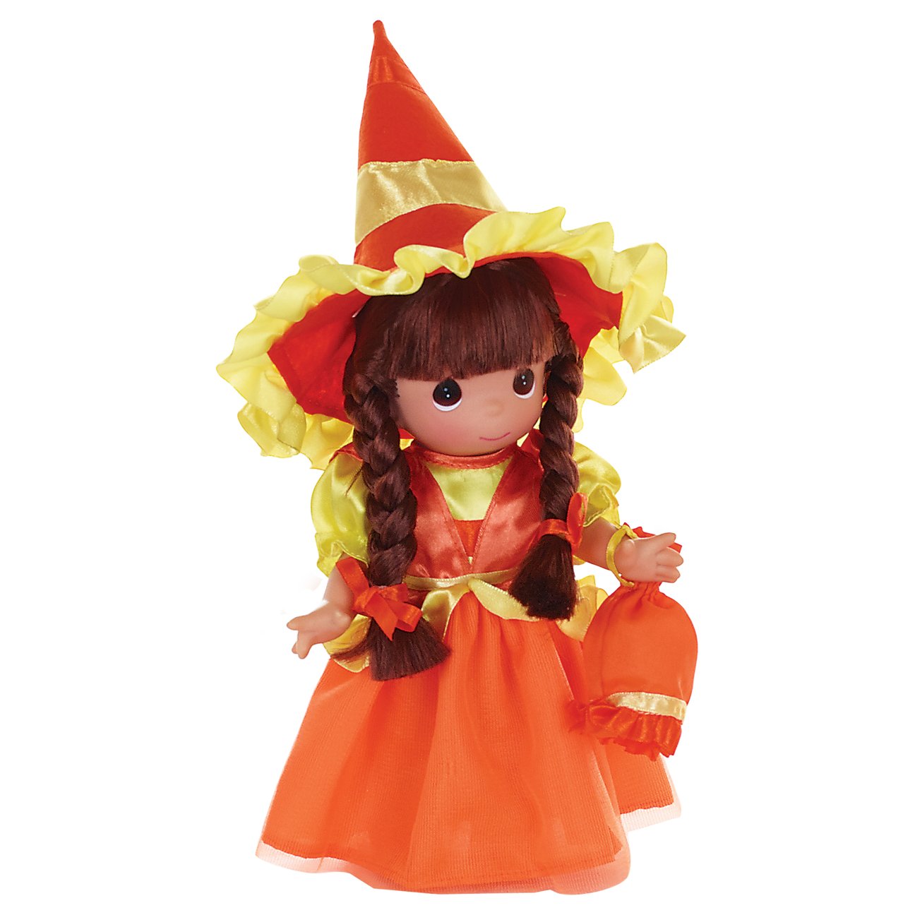 The Doll Maker Candy Corn Cuties brunette vinyl doll wearing an orange and yellow witch costume with a matching hat.
