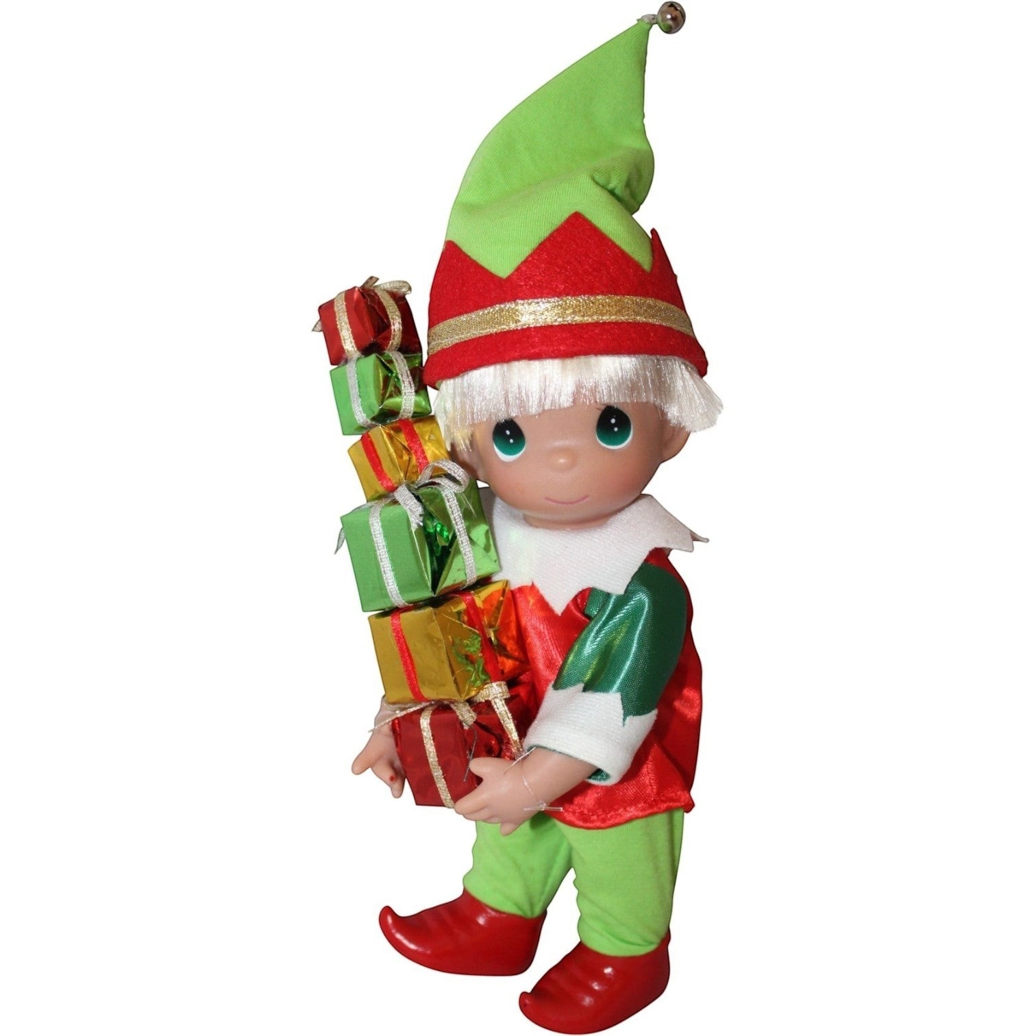 The Doll Maker 9-inch vinyl elf doll wearing a festive red and green outfit, holding a stack of miniature gift boxes.