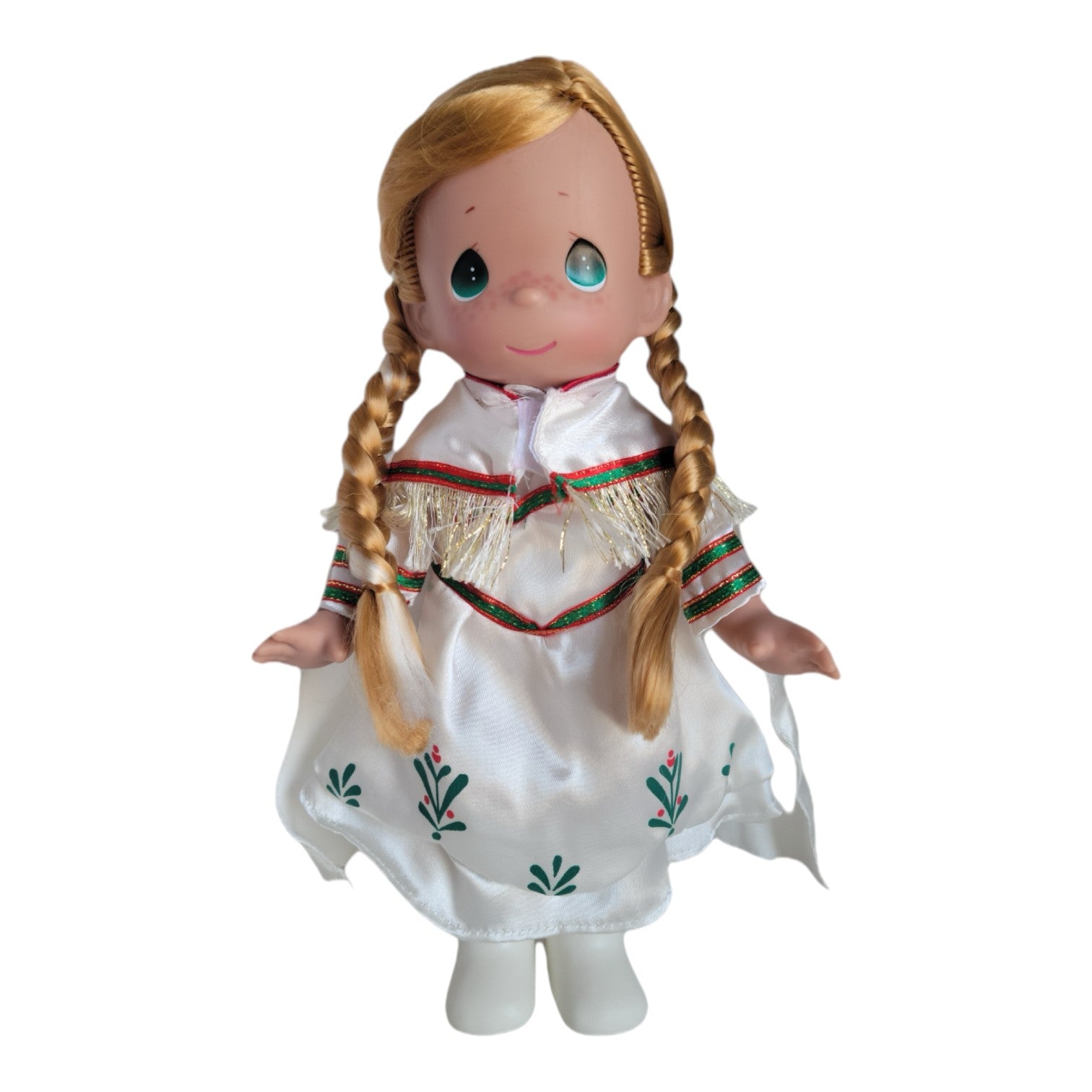 The Doll Maker 12-inch Christmas Princess Anna doll with blonde braided hair and a festive white holiday gown.