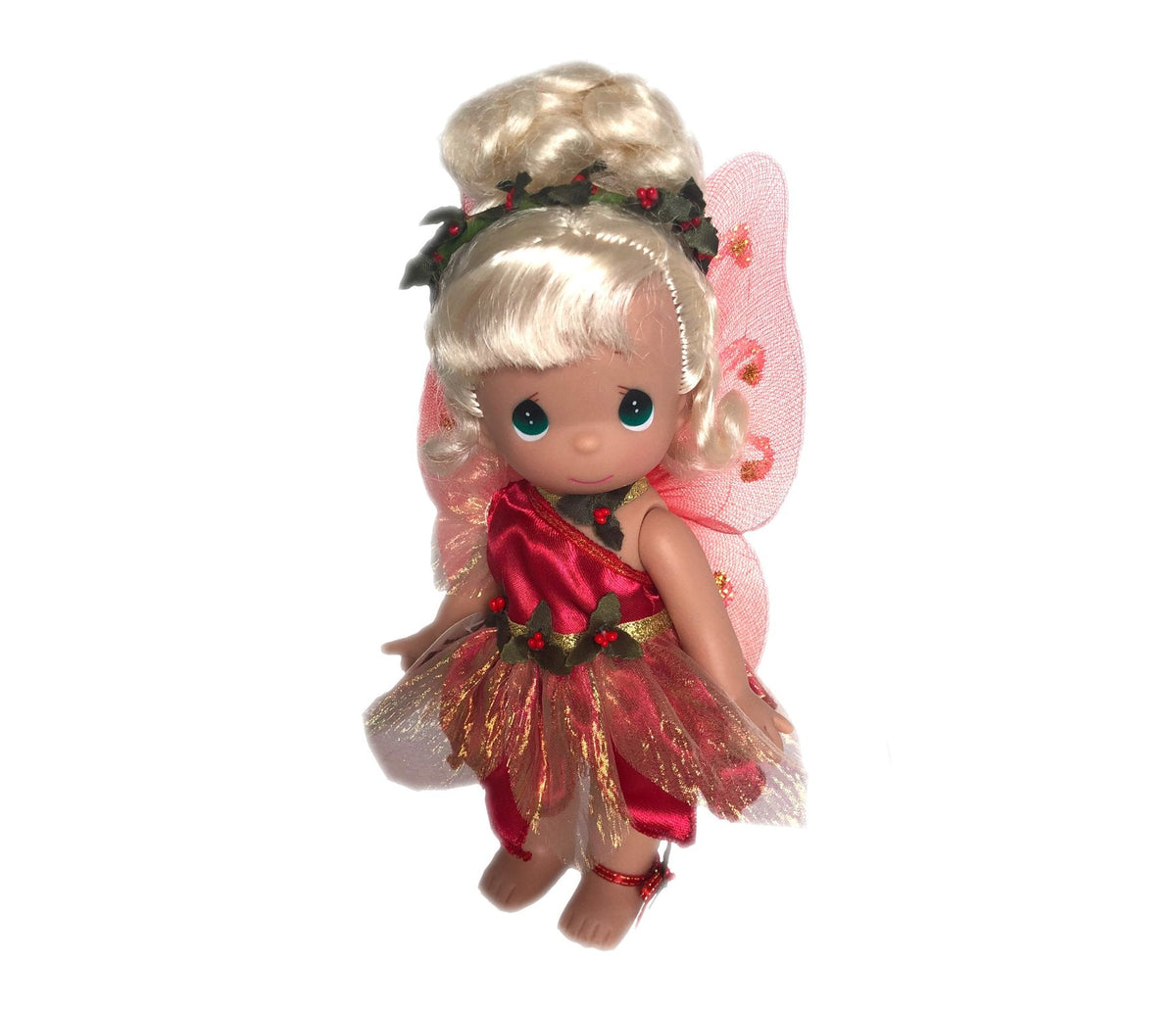 The Doll Maker Christmas Wishes Tinker Bell 9-inch vinyl doll wearing a red dress with holly and sheer fairy wings.