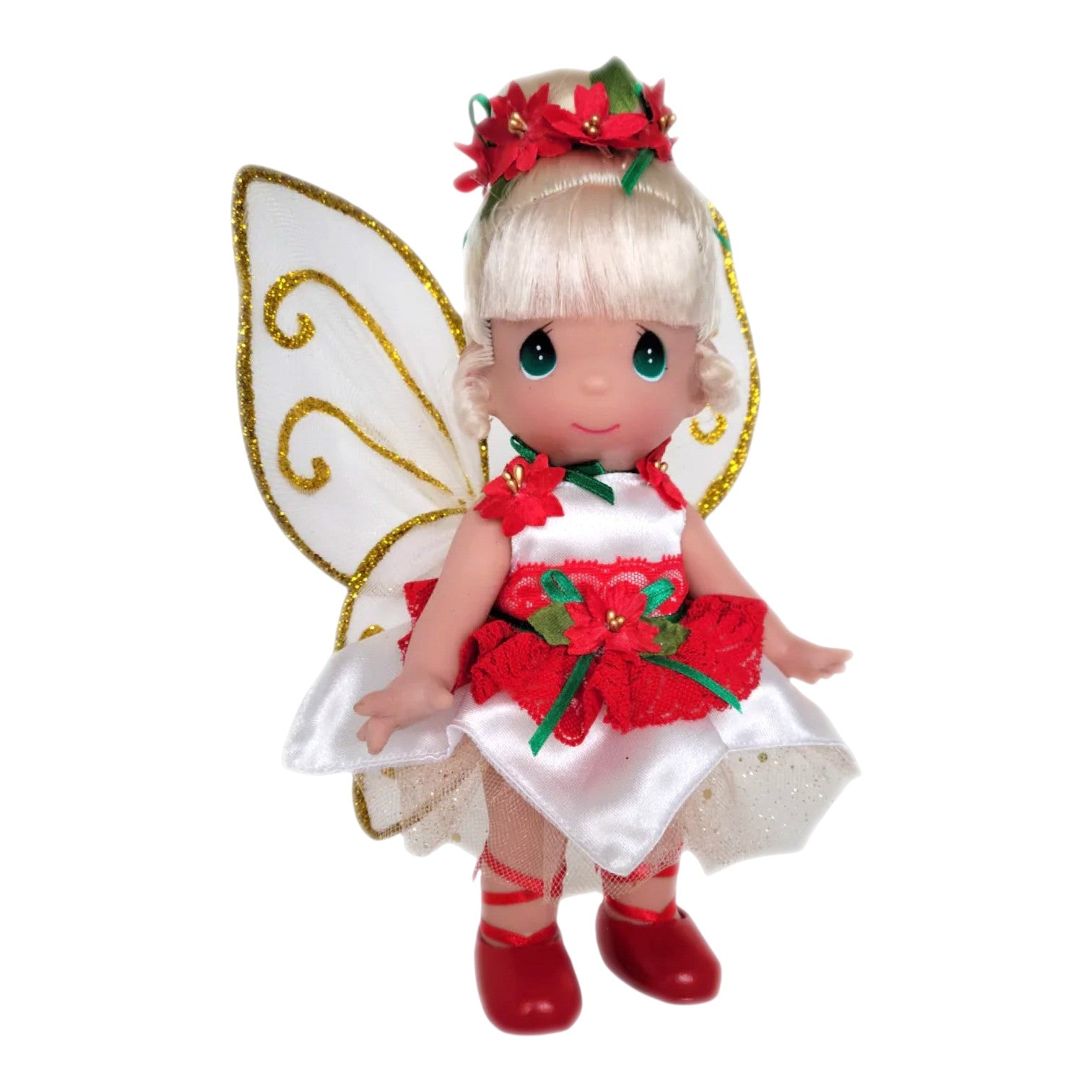 The Doll Maker Enchanted Christmas Tinker Bell fairy doll wearing a red and white dress with poinsettia accents