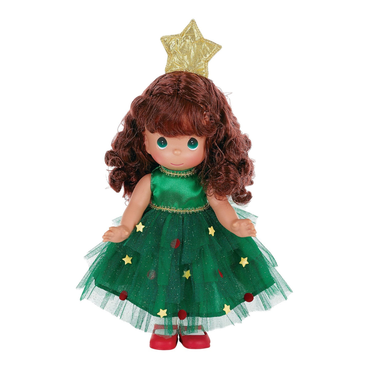 The Doll Maker 12-inch brunette vinyl doll wearing a green Christmas tree dress with gold stars and red shoes.