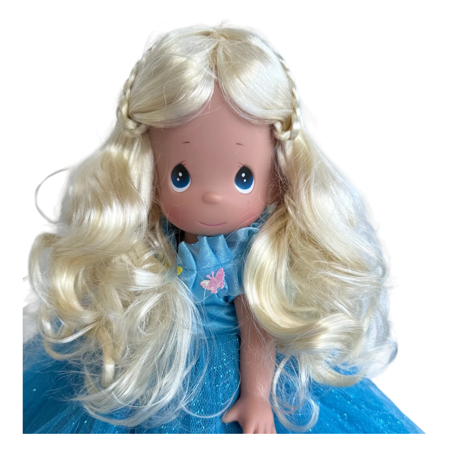 The Doll Maker 12-inch Cinderella doll with blonde hair and a blue butterfly dress signed by Linda Rick