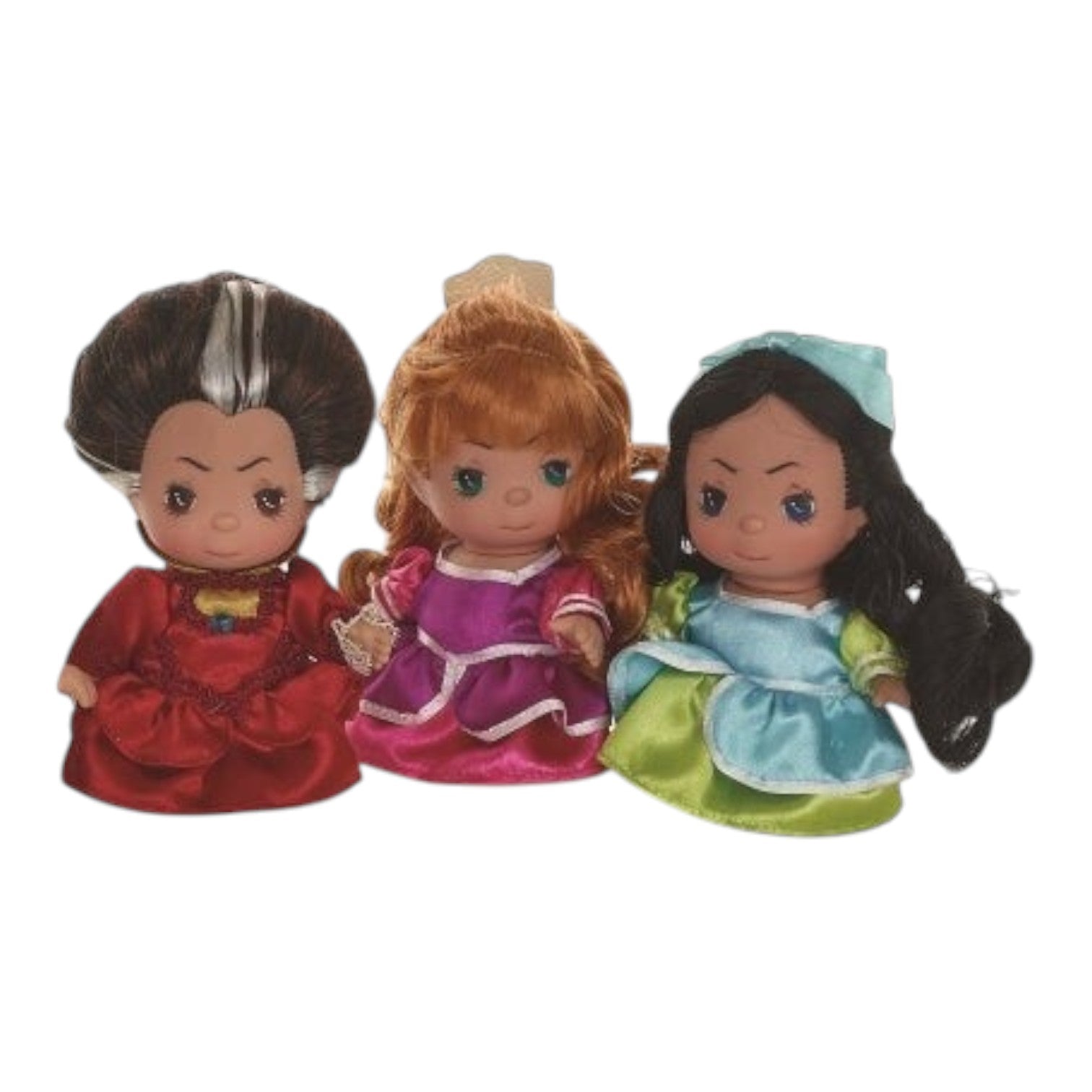 The Doll Maker 5-inch Cinderella stepfamily doll set featuring Lady Tremaine, Anastasia, and Drizella in satin gowns.