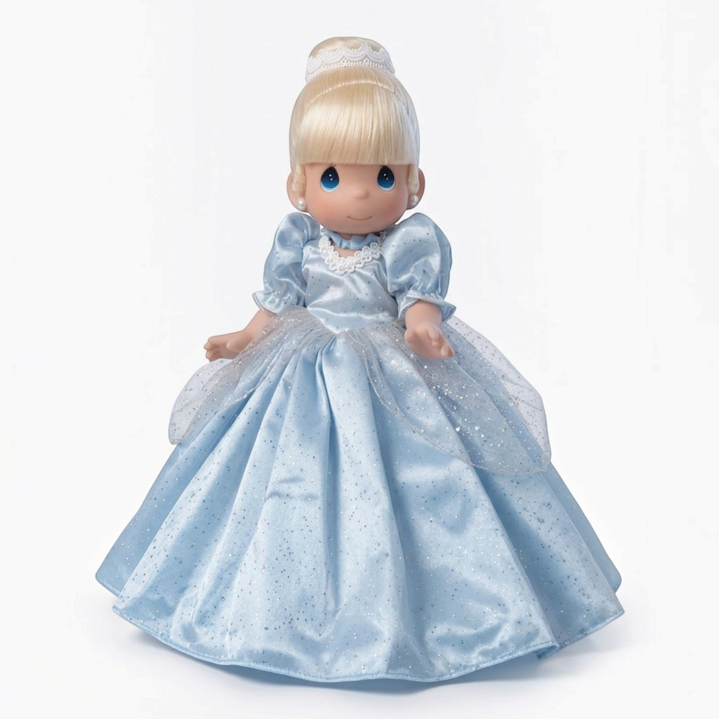 The Doll Maker 12-inch Cinderella vinyl collectible doll wearing a shimmering blue gown with a lace-trimmed bodice.