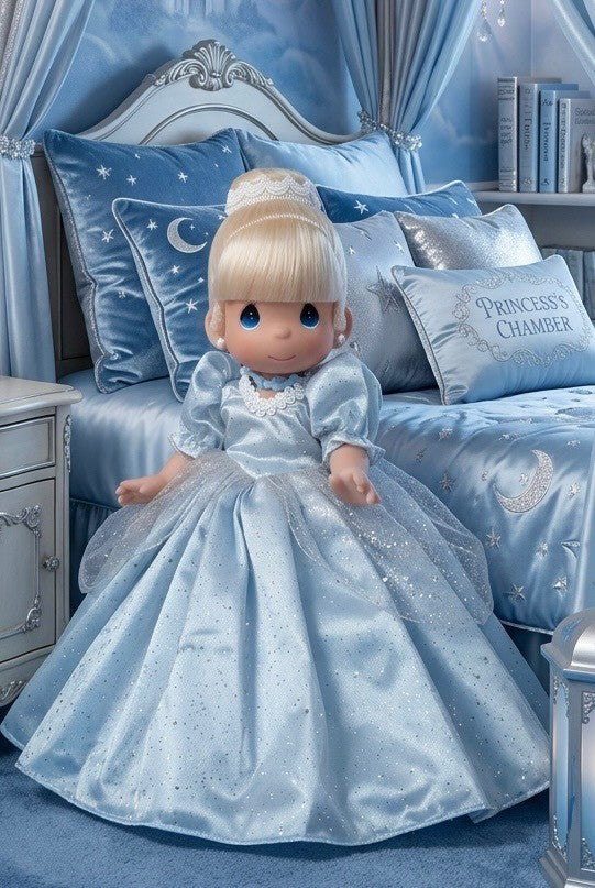 The Doll Maker 12-inch Cinderella vinyl doll wearing a sparkling blue ballgown with a tiara in a themed bedroom.