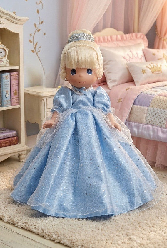 The Doll Maker 12-inch Cinderella vinyl collectible doll wearing a sparkling blue ballgown and silver headband.