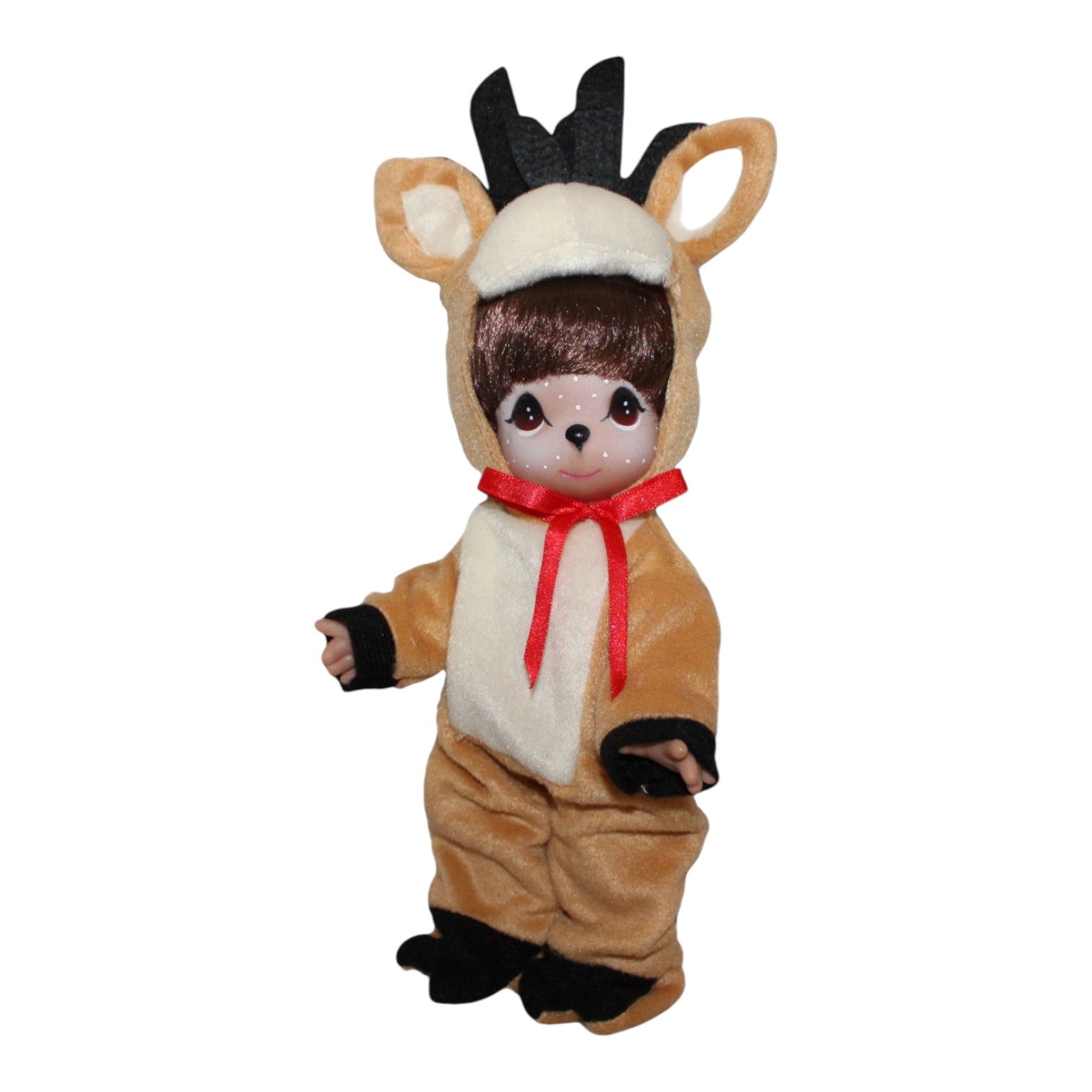 The Doll Maker Woodland You’re a Deer 9-inch vinyl doll wearing a plush tan deer costume with a red ribbon bow
