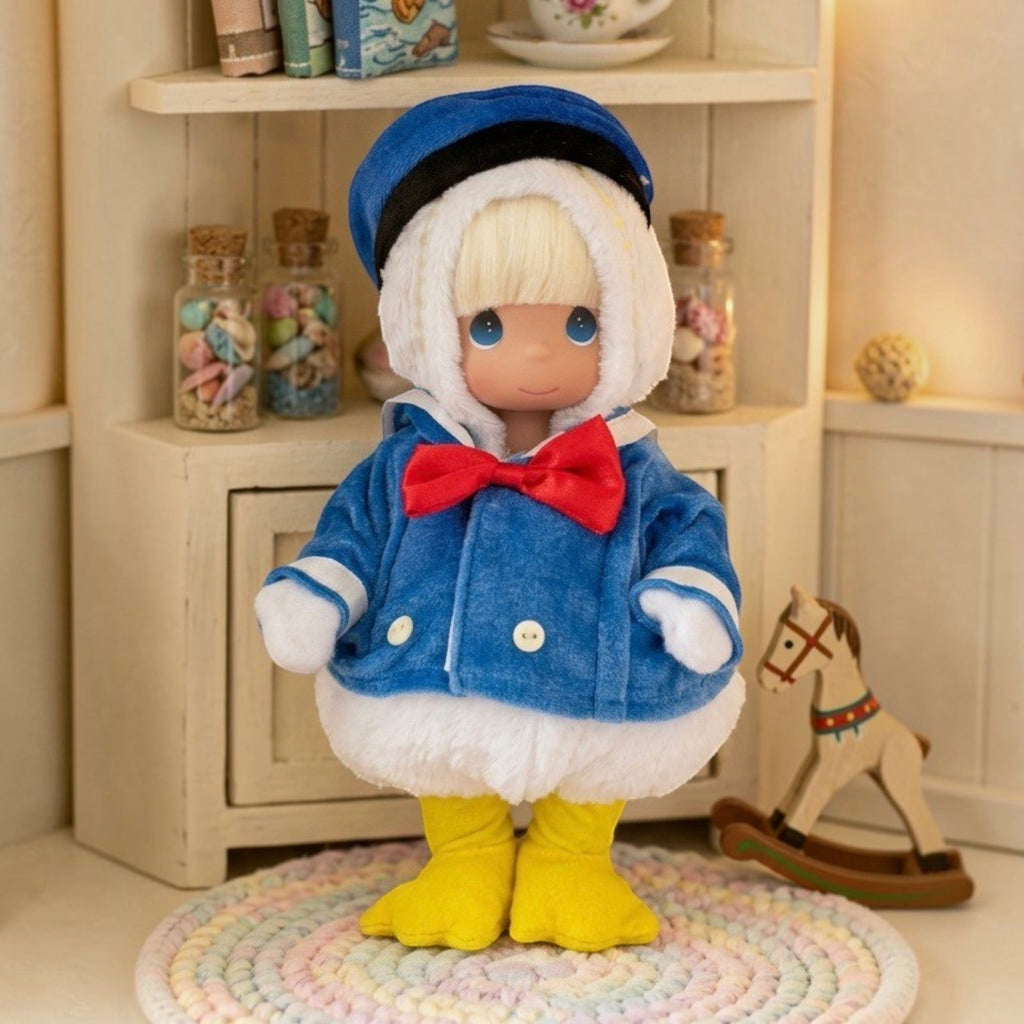 The Doll Maker Donald Duck 12-inch collectible doll with blonde hair, blue sailor jacket, and yellow duck feet.