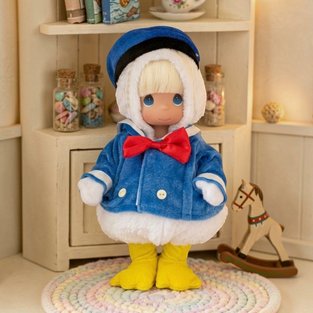 The Doll Maker Donald Duck 12-inch collectible doll with blonde hair, blue sailor jacket, and yellow duck feet.