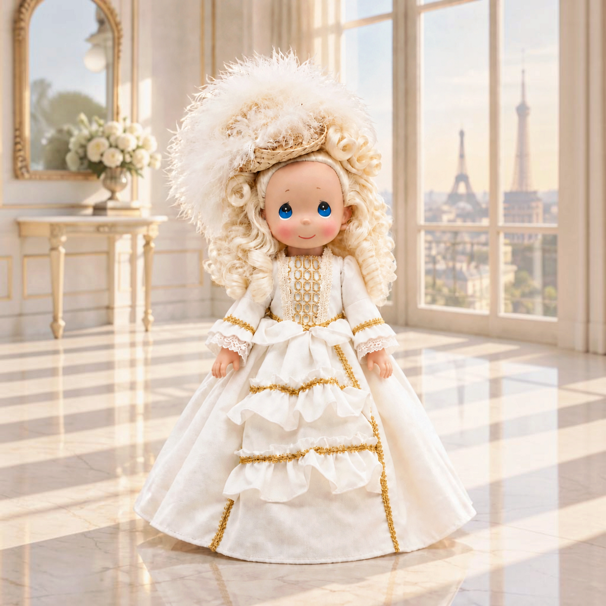 The Doll Maker 12-inch Elegant France doll in a white gown with gold trim and a large, feathered hat.