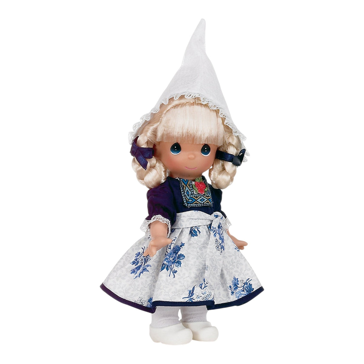 The Doll Maker Elin 9-inch vinyl doll wearing a traditional Dutch costume with a white cap and floral blue dress.