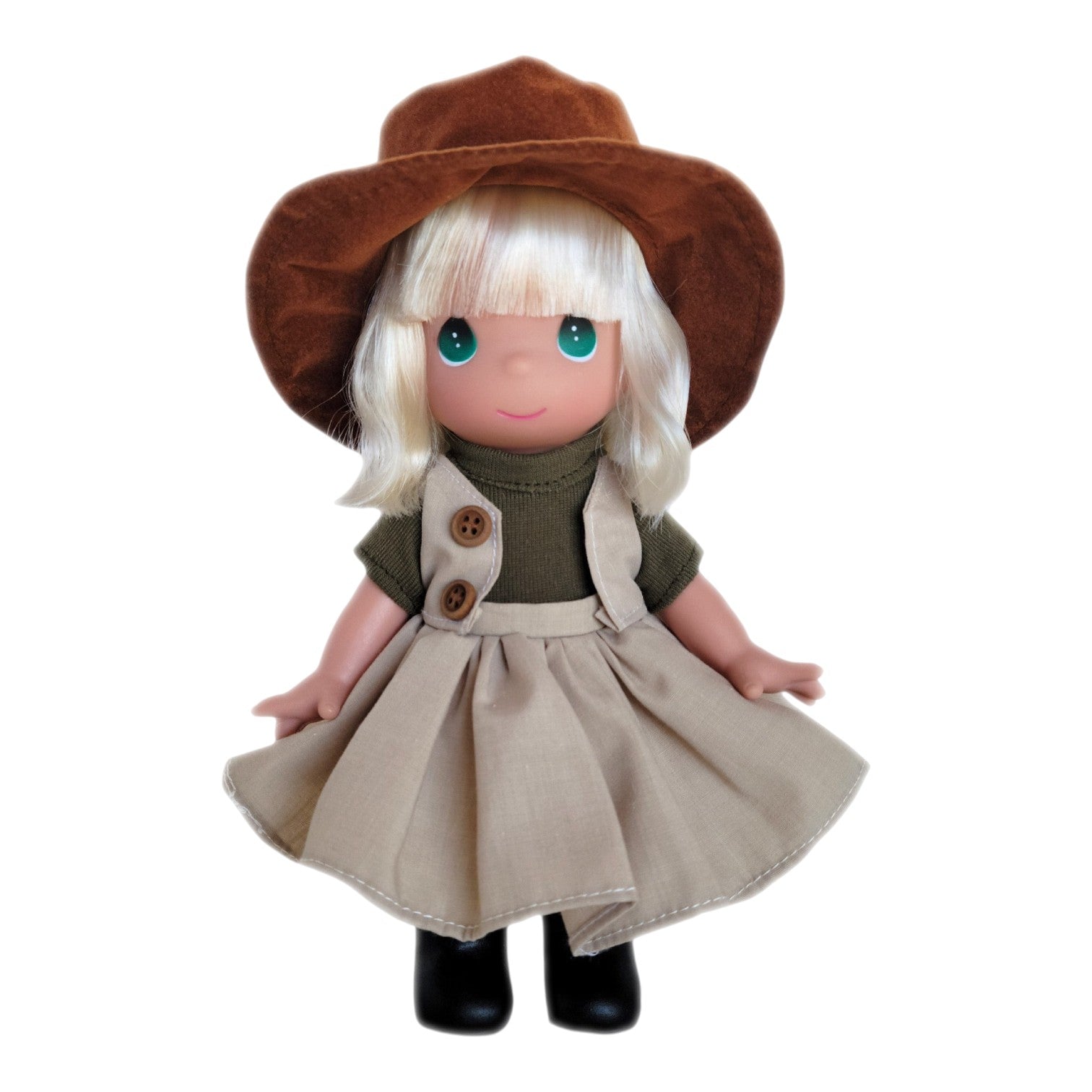 The Doll Maker 9-inch Elsie doll from Australia wearing a brown hat, olive top, and beige skirt with button details.