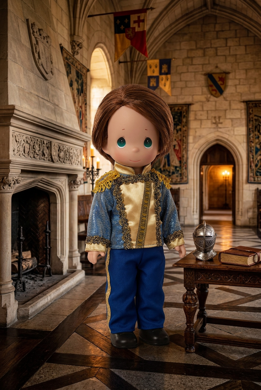 The Doll Maker 12-inch Eric doll in blue and gold royal attire, standing in a stone castle hall.