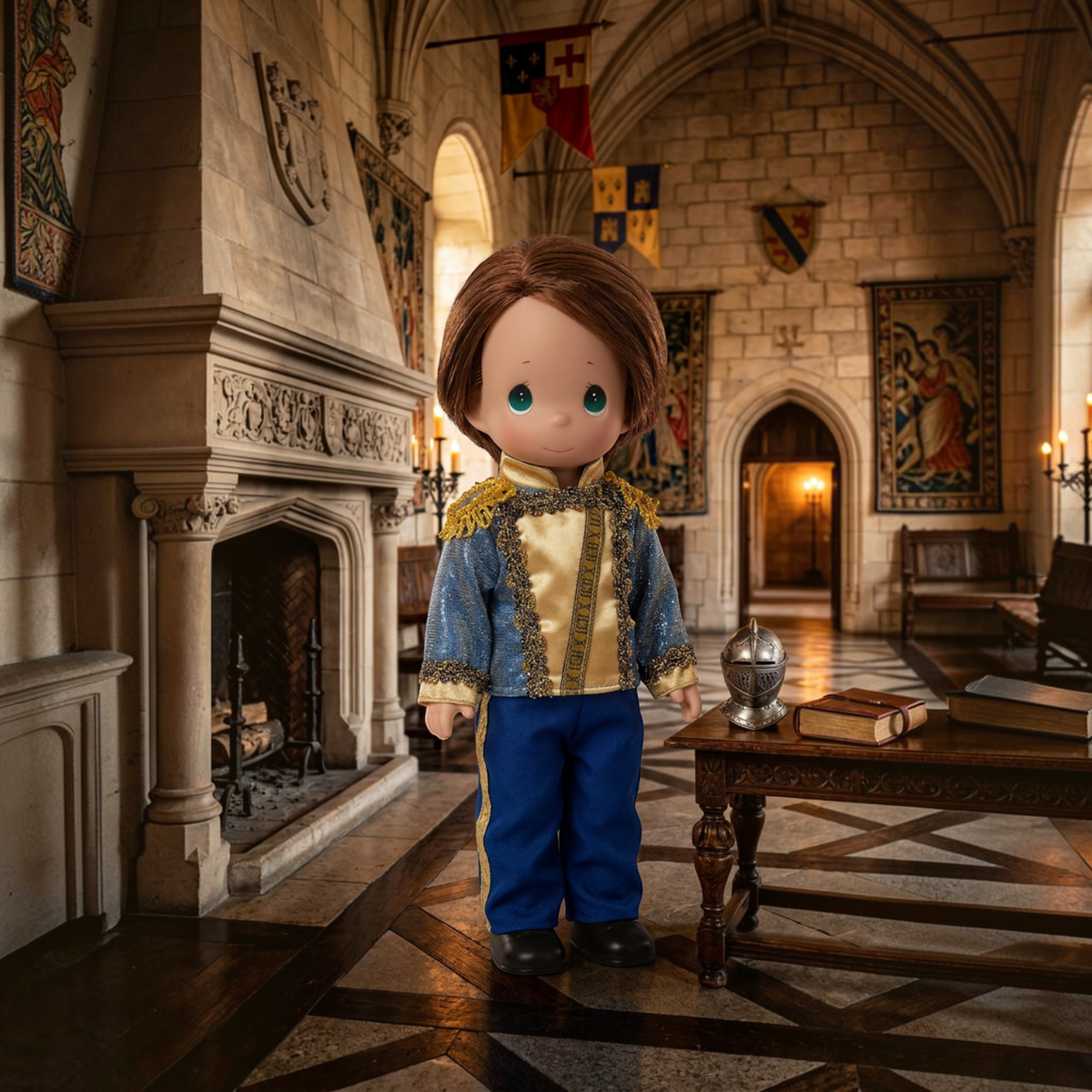 The Doll Maker 12-inch Eric doll in blue and gold royal attire, standing in a stone castle hall.