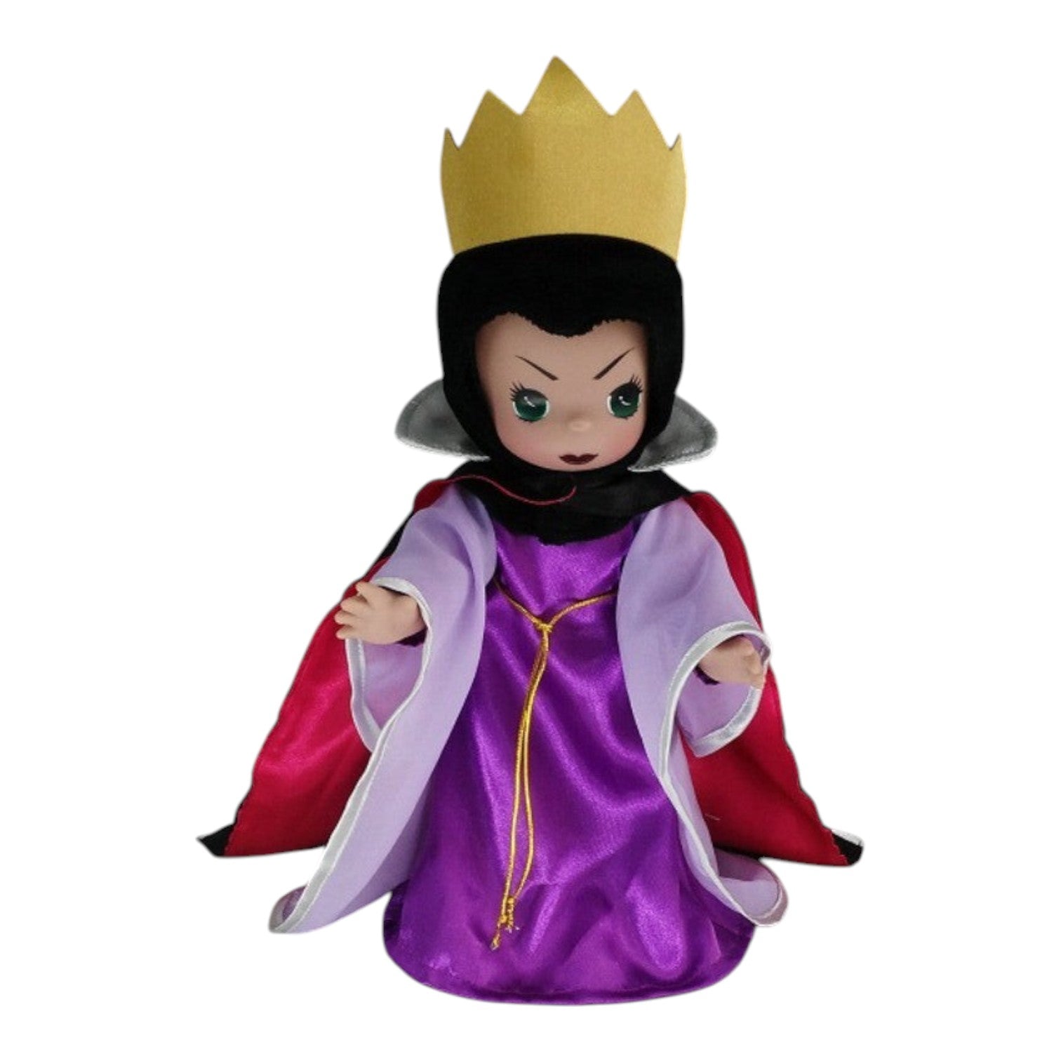 The Doll Maker 12-inch Evil Queen doll wearing a purple satin gown, gold crown, and a black and red cape.