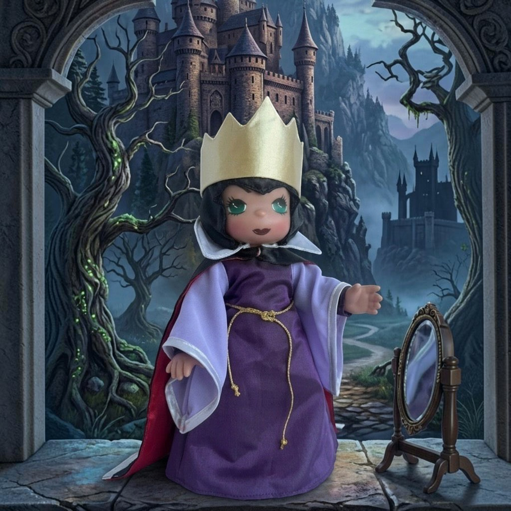 The Doll Maker 12-inch Evil Queen doll wearing a purple gown, gold crown, and cape, from Snow White posed before a castle backdrop.