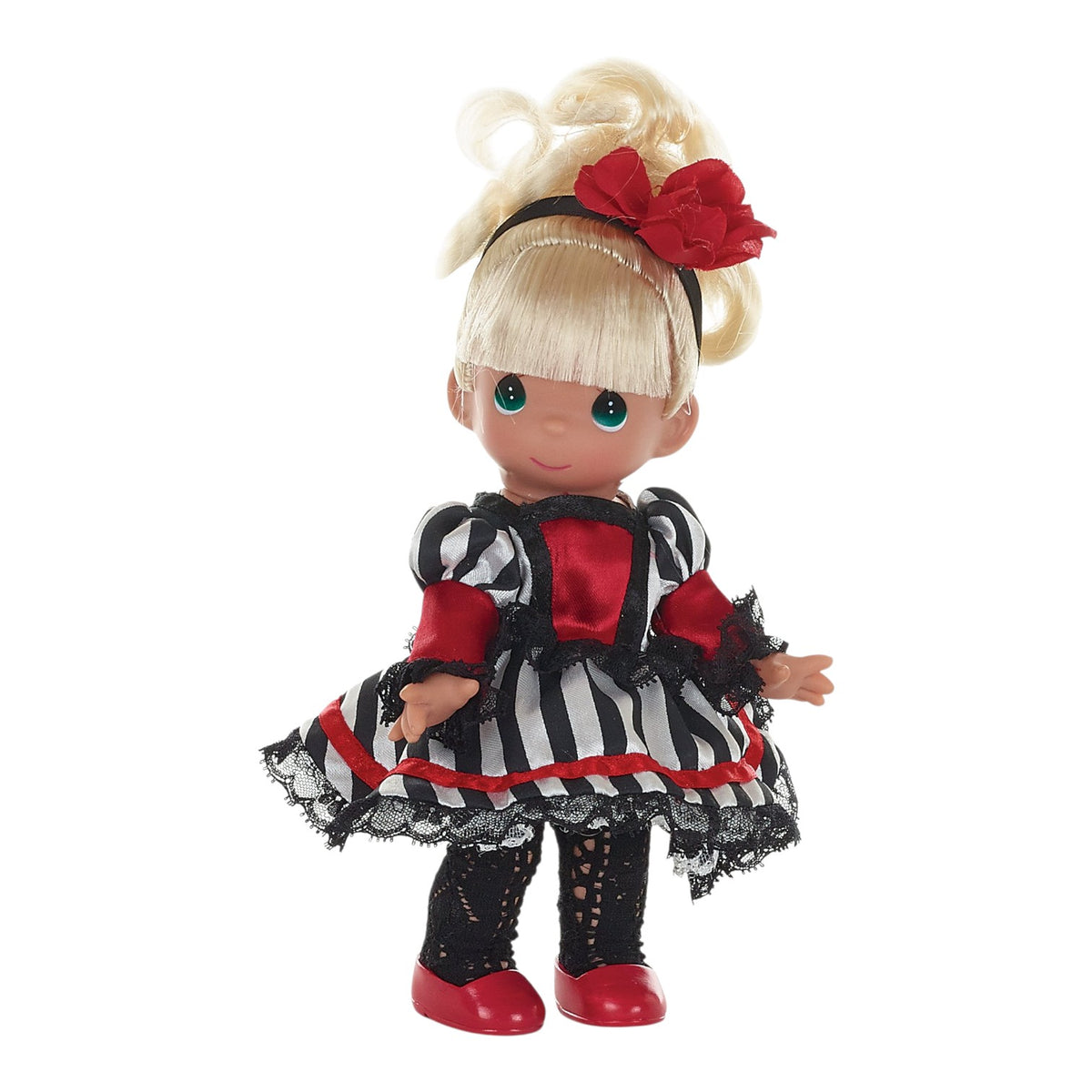 The Doll Maker 9-inch France Cecile vinyl doll with blonde hair, wearing a striped dress with red and black lace trim.