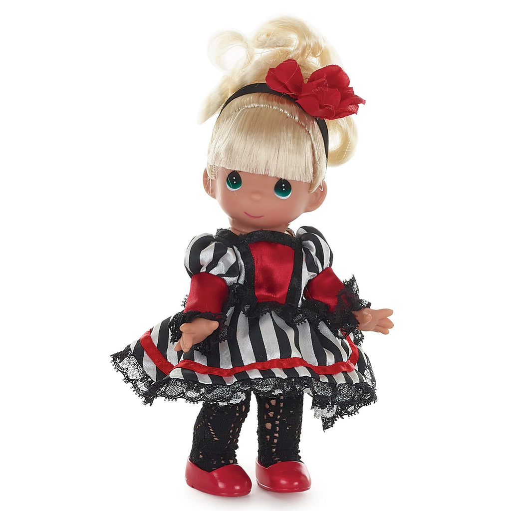 The Doll Maker France 12-inch doll with blonde hair, wearing a black and white striped dress with red accents and lace.