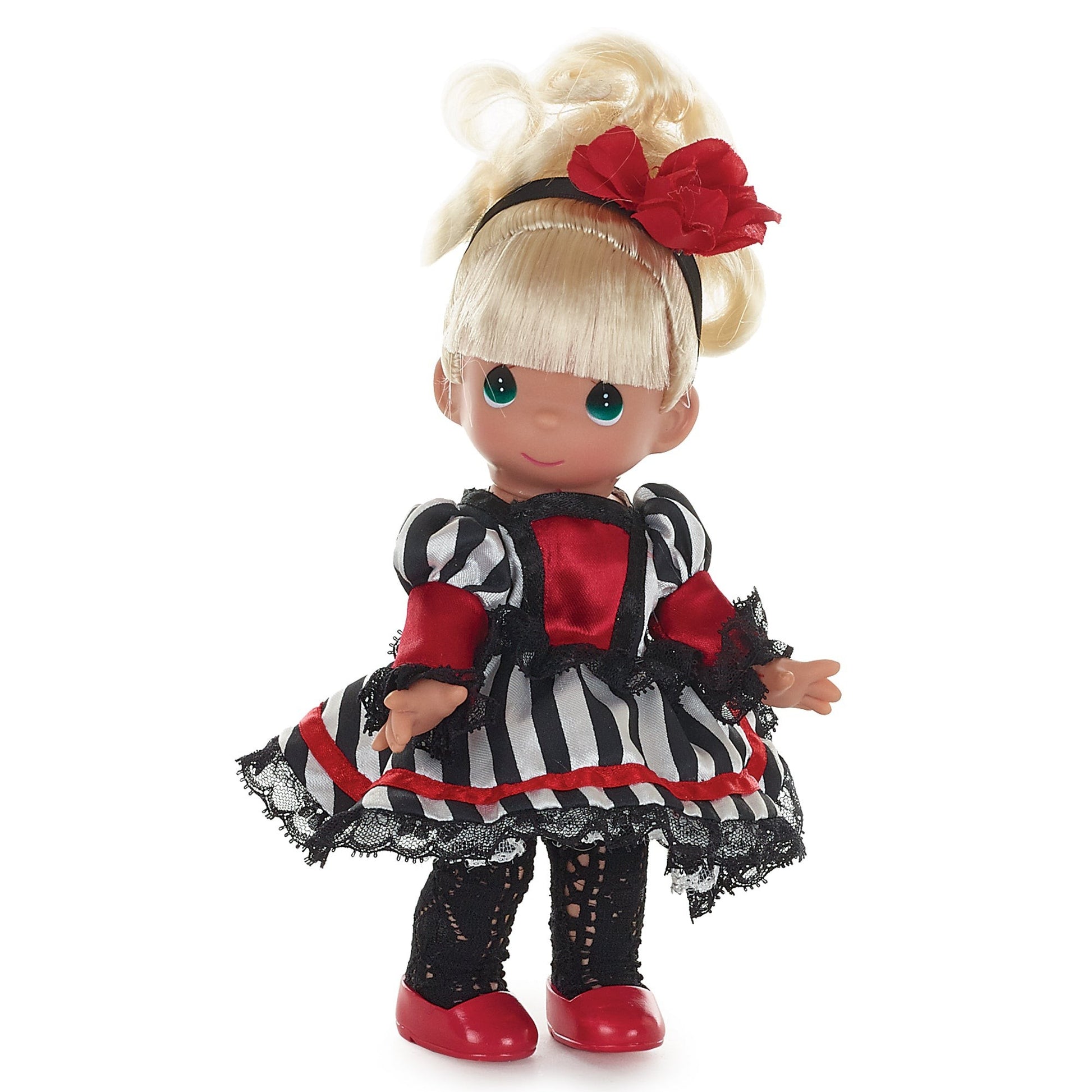 The Doll Maker France 12-inch doll with blonde hair, wearing a black and white striped dress with red accents and lace.