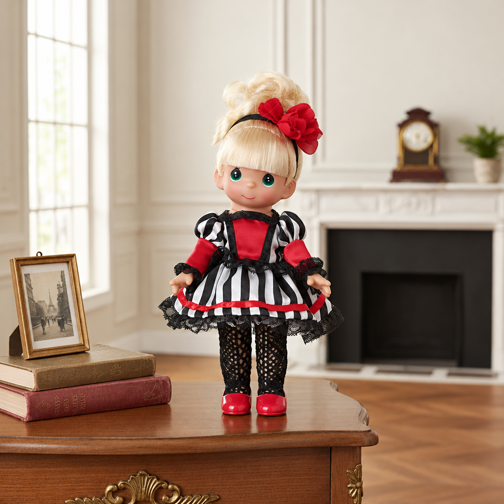The Doll Maker 12-inch French collectible doll with blonde hair, red flower accessory, and striped black-white dress.