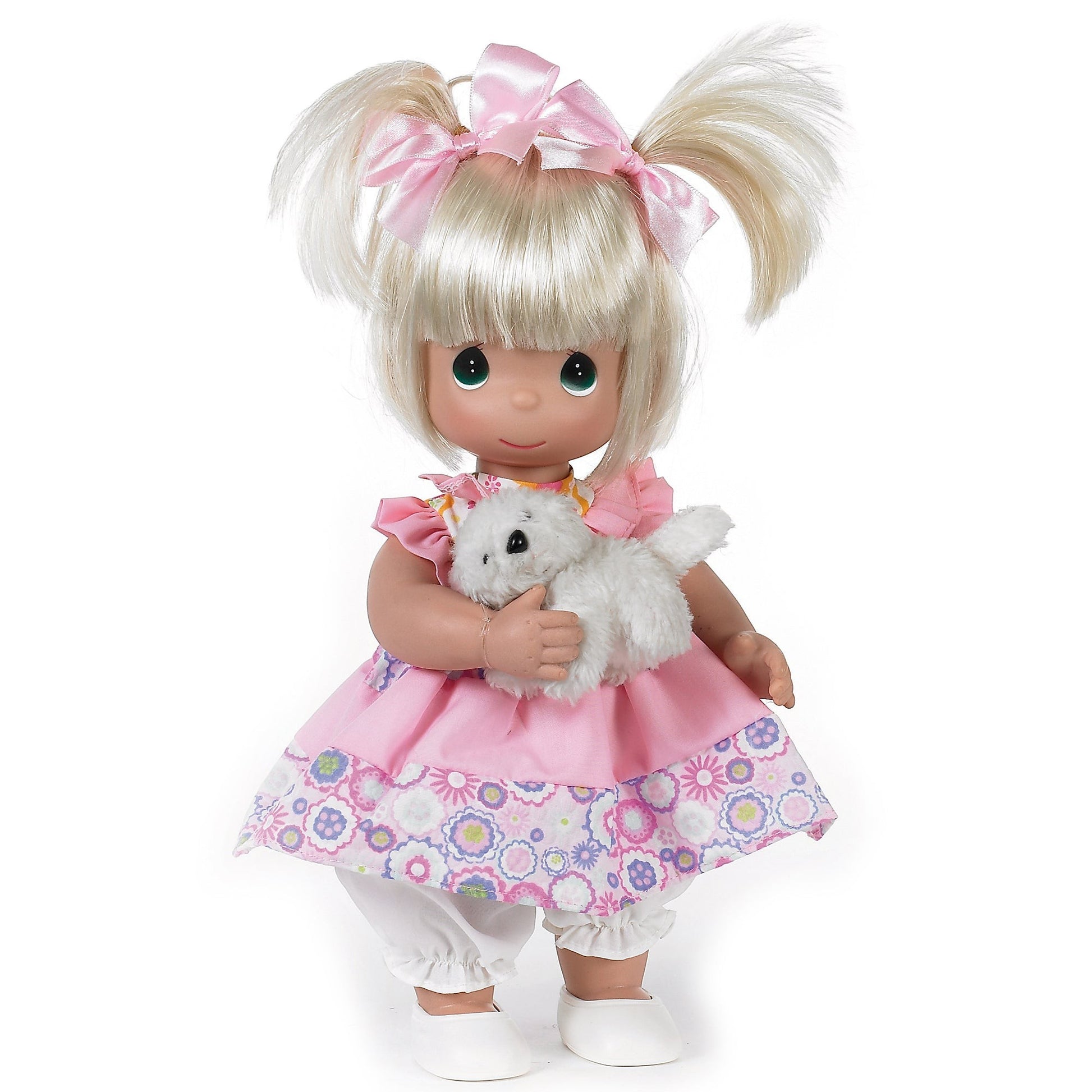 The Doll Maker 12-inch Fur-Ever Friends vinyl doll with blonde pigtails wearing a pink floral dress and holding a cat.