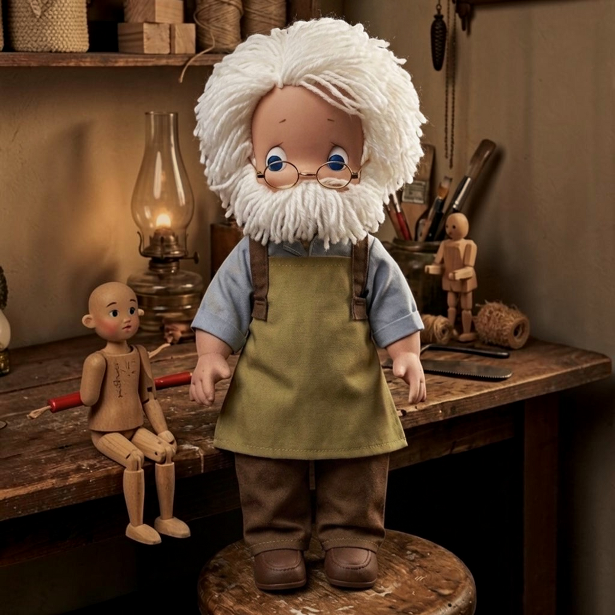 The Doll Maker 12-inch Geppetto collectible doll with white yarn hair, glasses, and a green apron in a workshop.