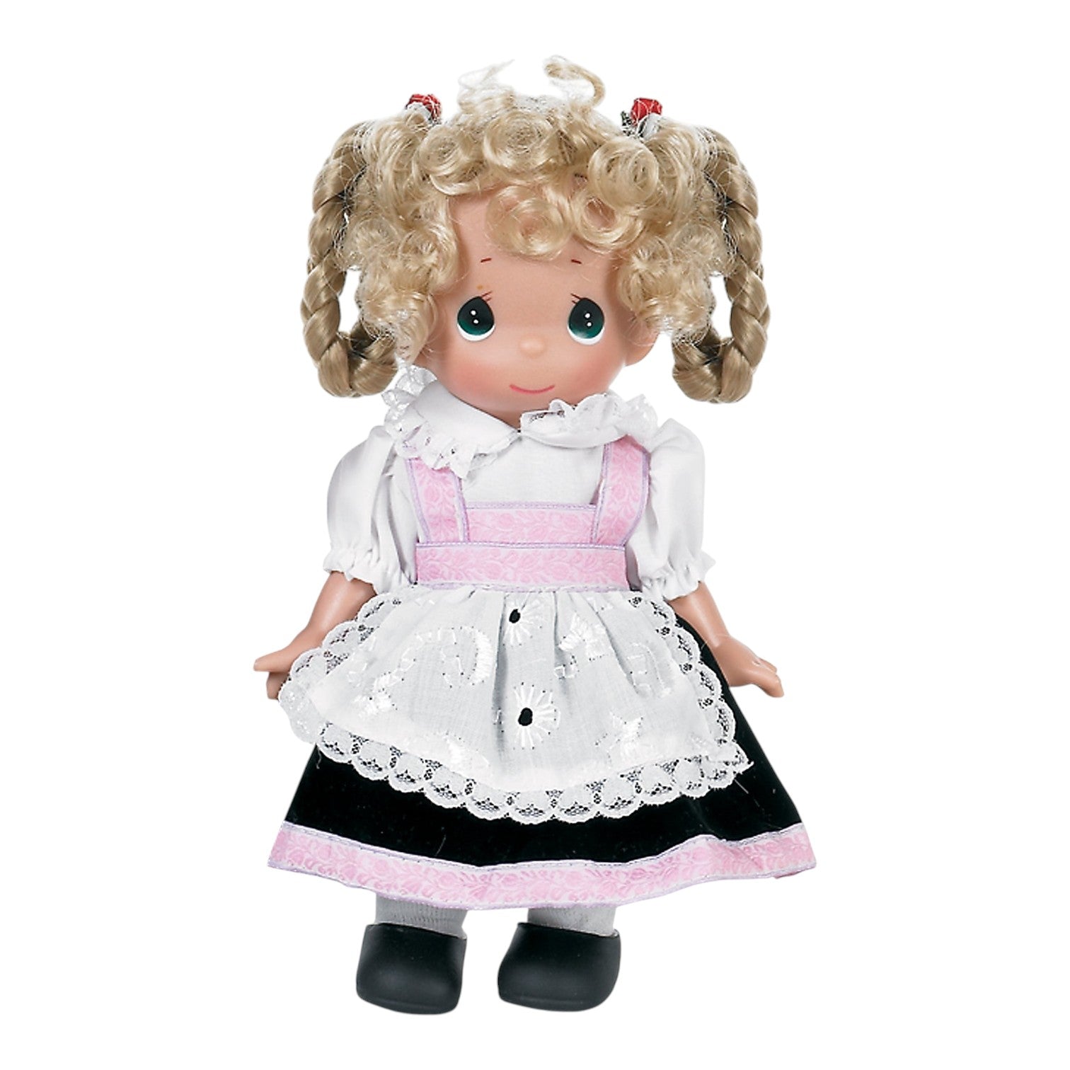 The Doll Maker Germany Gretchen 9 inch vinyl doll wearing a traditional German costume with a pink and black dress.
