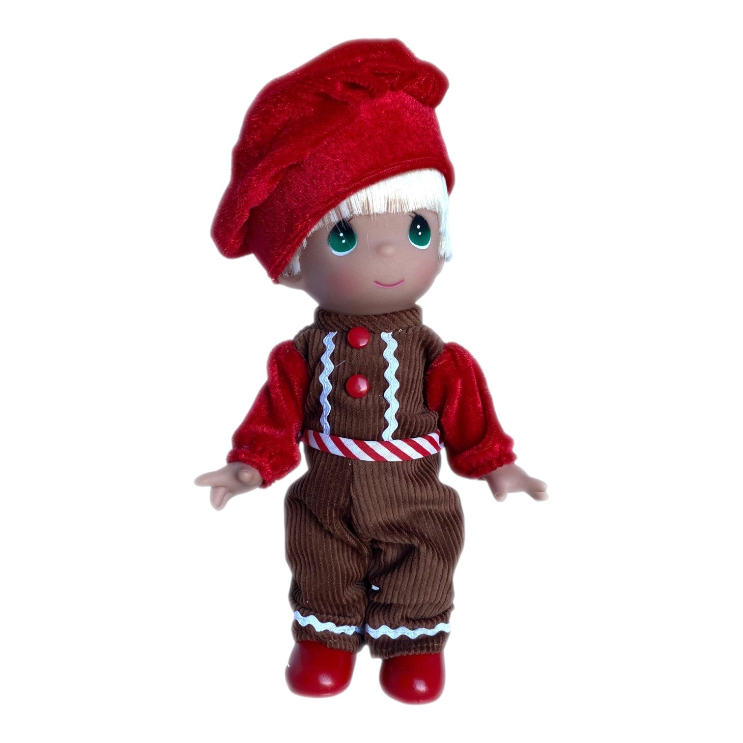 The Doll Maker 9-inch Precious Moments gingerbread boy vinyl doll wearing a red beret and brown corduroy outfit.