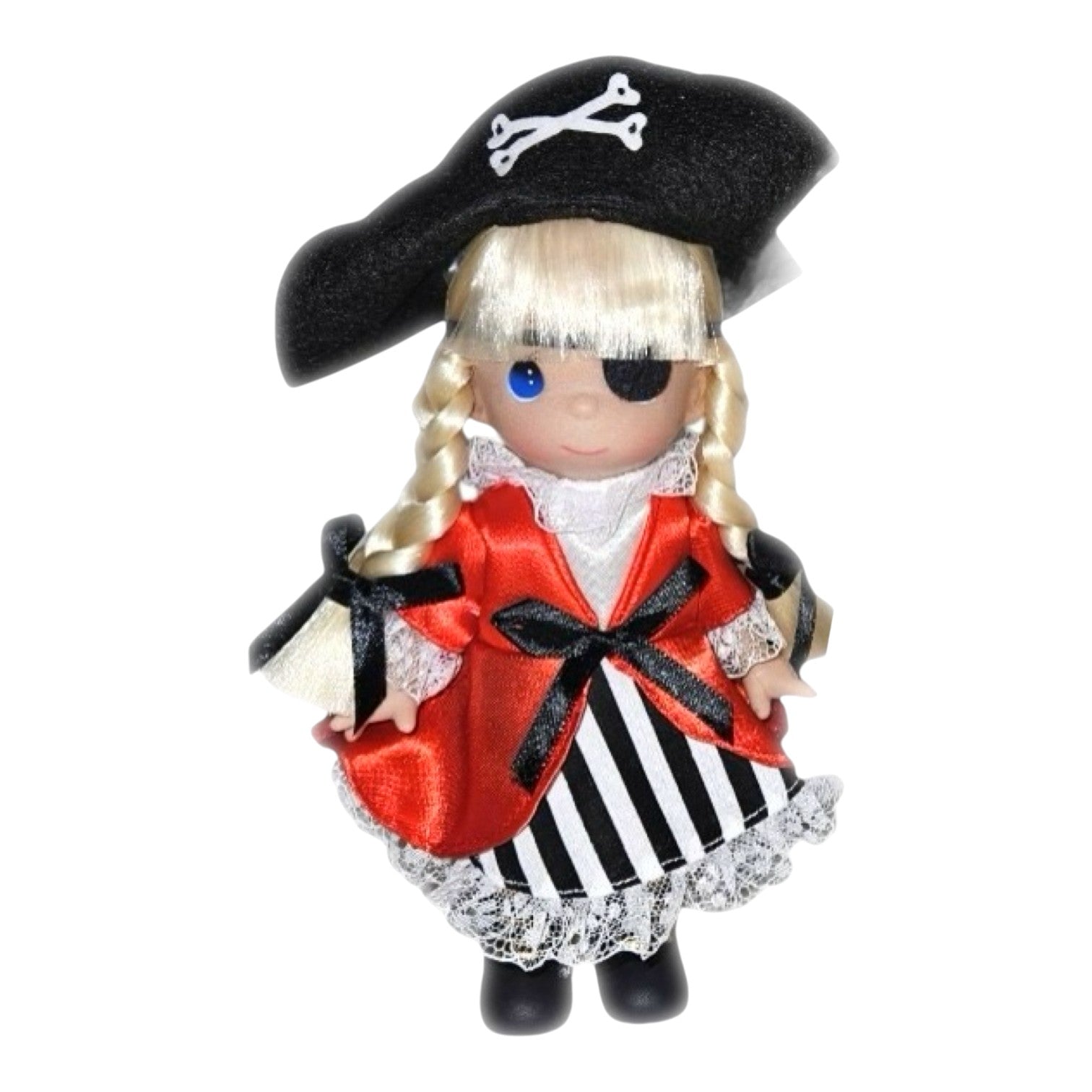 The Doll Maker 7-inch girl pirate vinyl doll with blonde braids, eye patch, black hat, and red and striped dress.