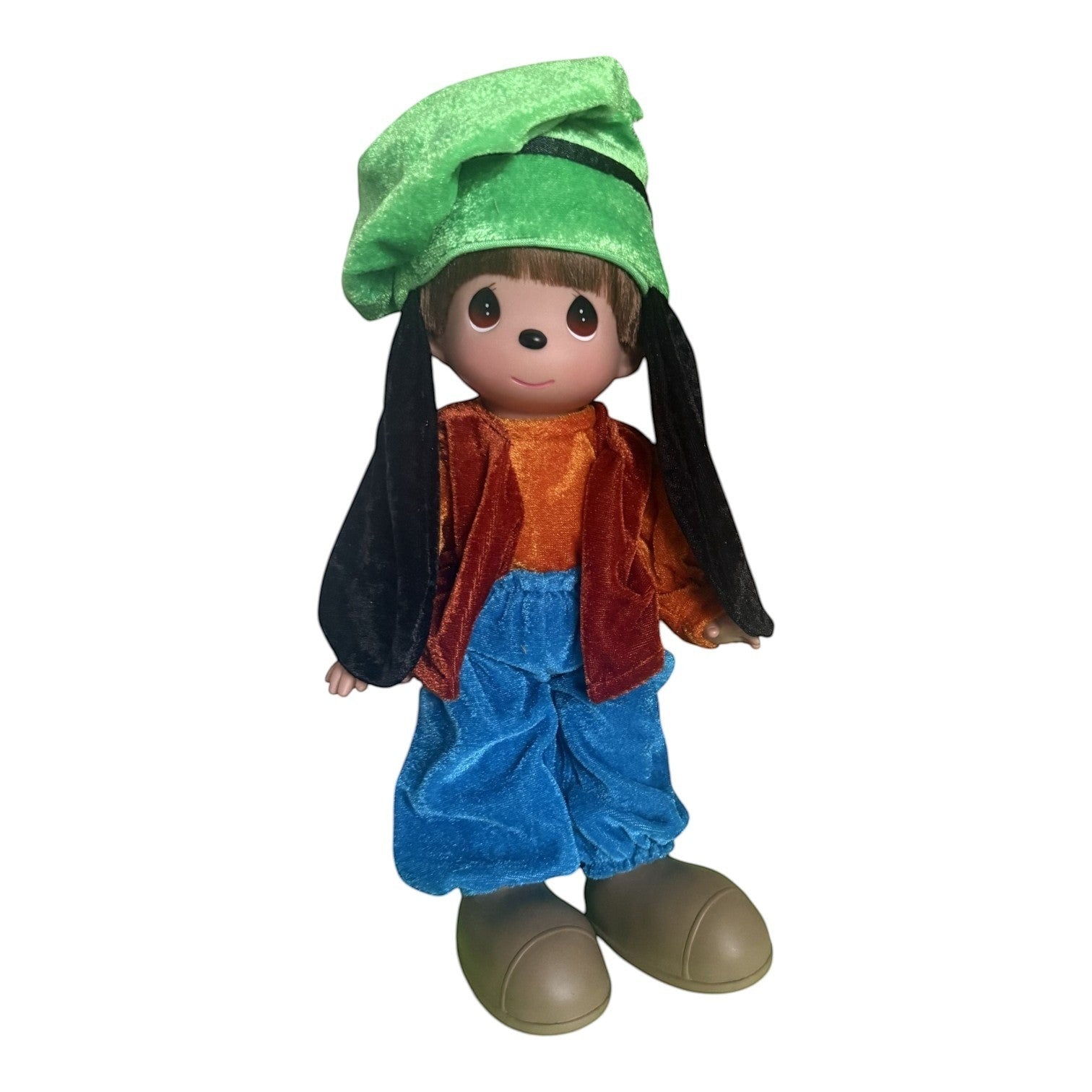 The Doll Maker 12-inch Goofy collectible doll wearing a green hat, and blue pants with large shoes.