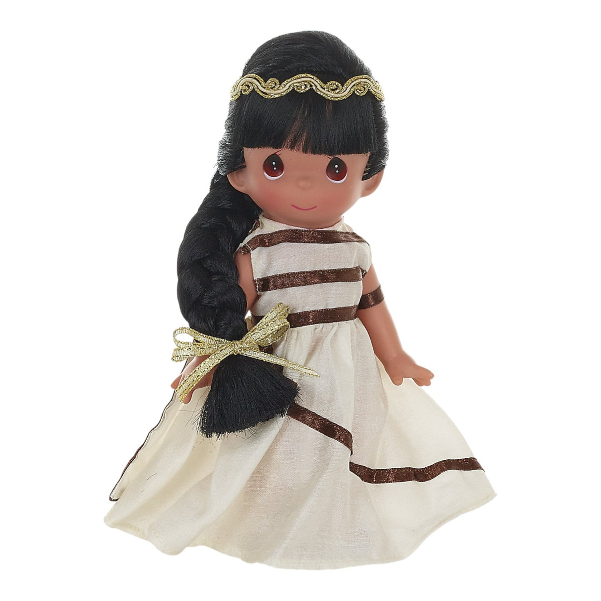 The Doll Maker Greece Athena 9-inch vinyl doll wearing a white and brown traditional Greek dress with gold accents.
