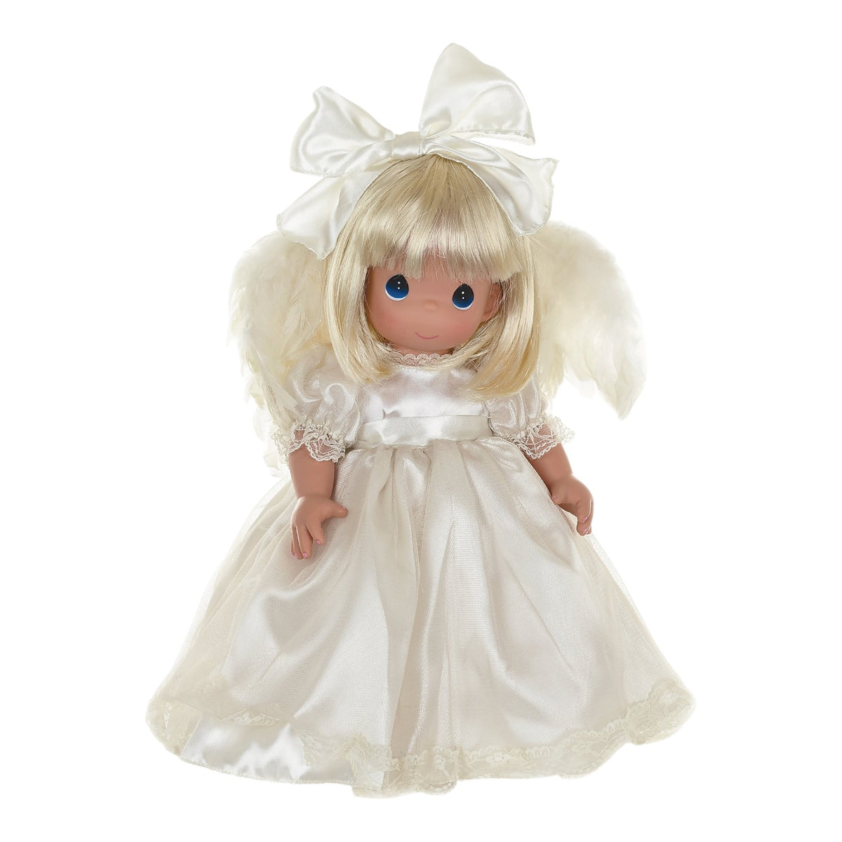 The Doll Maker Heaven Sent 16-inch Guardian Angel vinyl doll with blonde hair, white satin dress, and feathery wings.