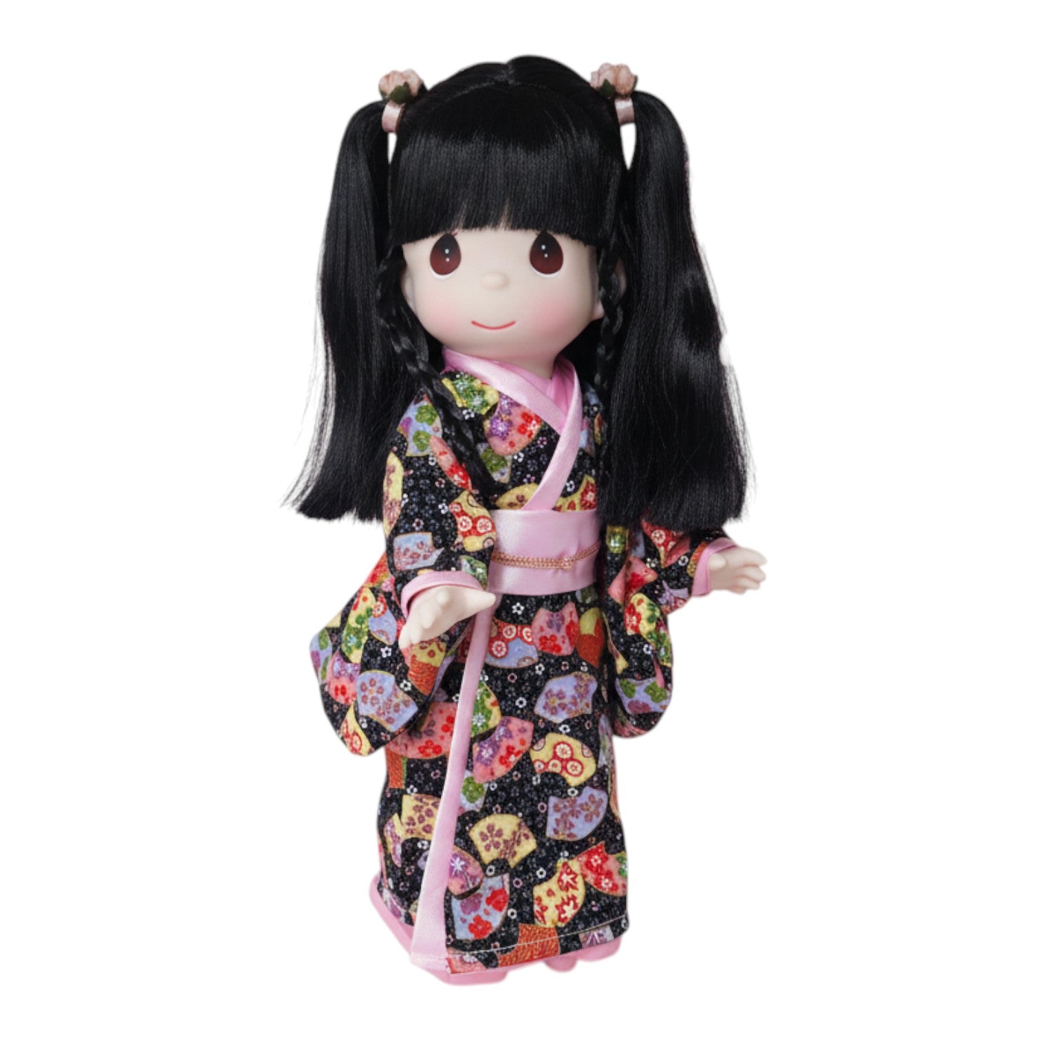 The Doll Maker Haruka Japanese Girls' Day doll with black hair wearing a patterned kimono and pink sash