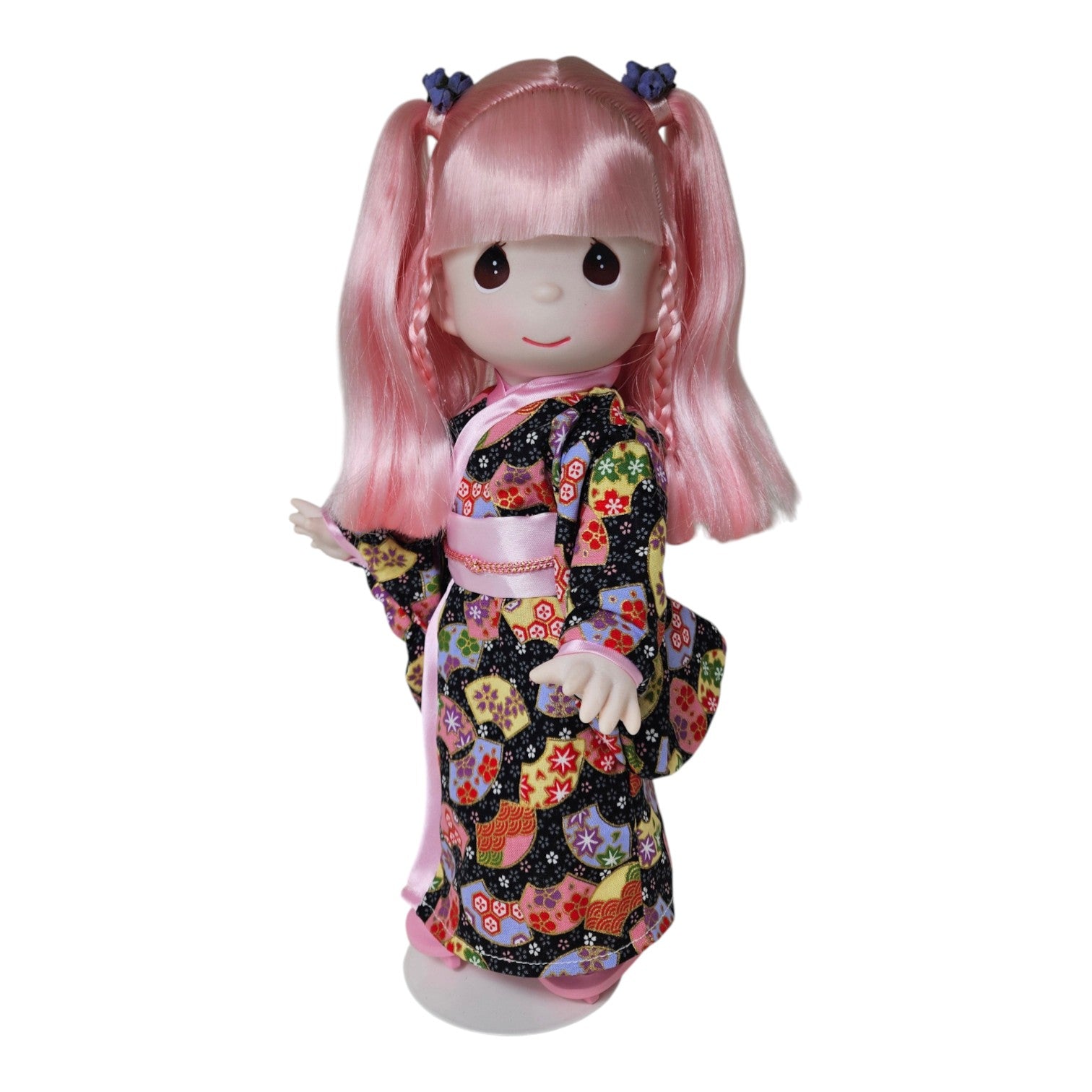 The Doll Maker Haruka doll with pink hair wearing a black patterned kimono for Japanese Girls' Day