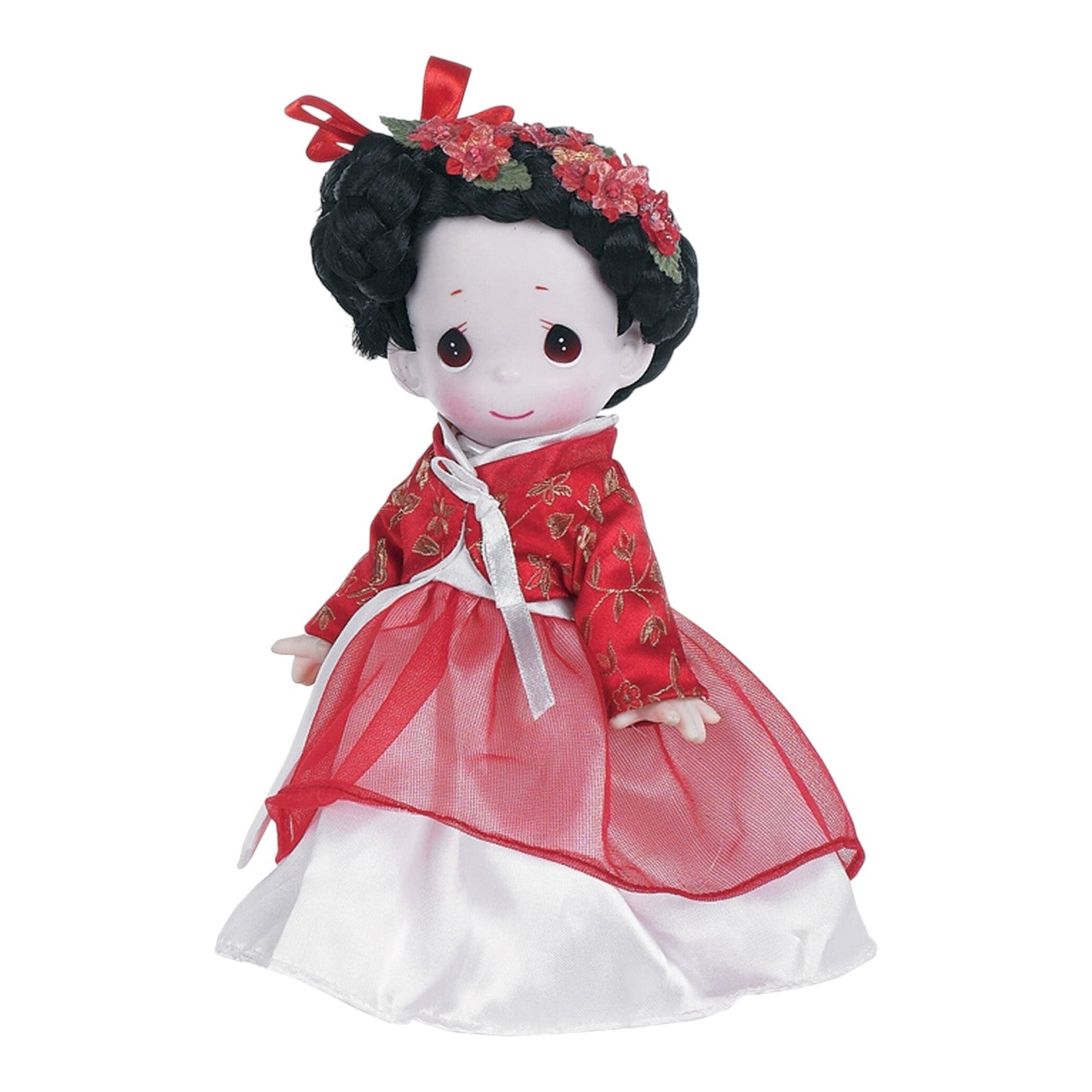 The Doll Maker Hee Young 9-inch vinyl doll wearing a traditional red and white Korean hanbok with floral headpiece.