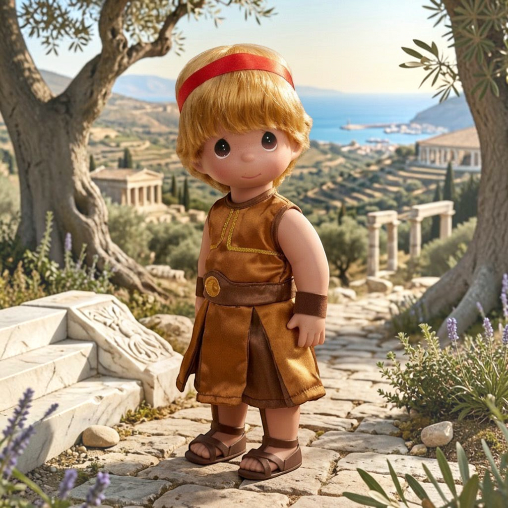 The Doll Maker 12-inch Hercules doll with blonde hair, red headband, and brown tunic standing on a stone path.
