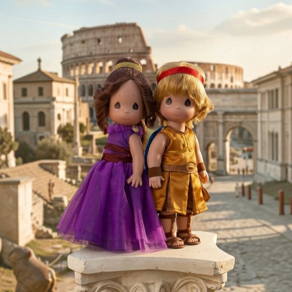 The Doll Maker Hercules and Meg 12-inch collectible dolls standing together in front of the Roman Colosseum.