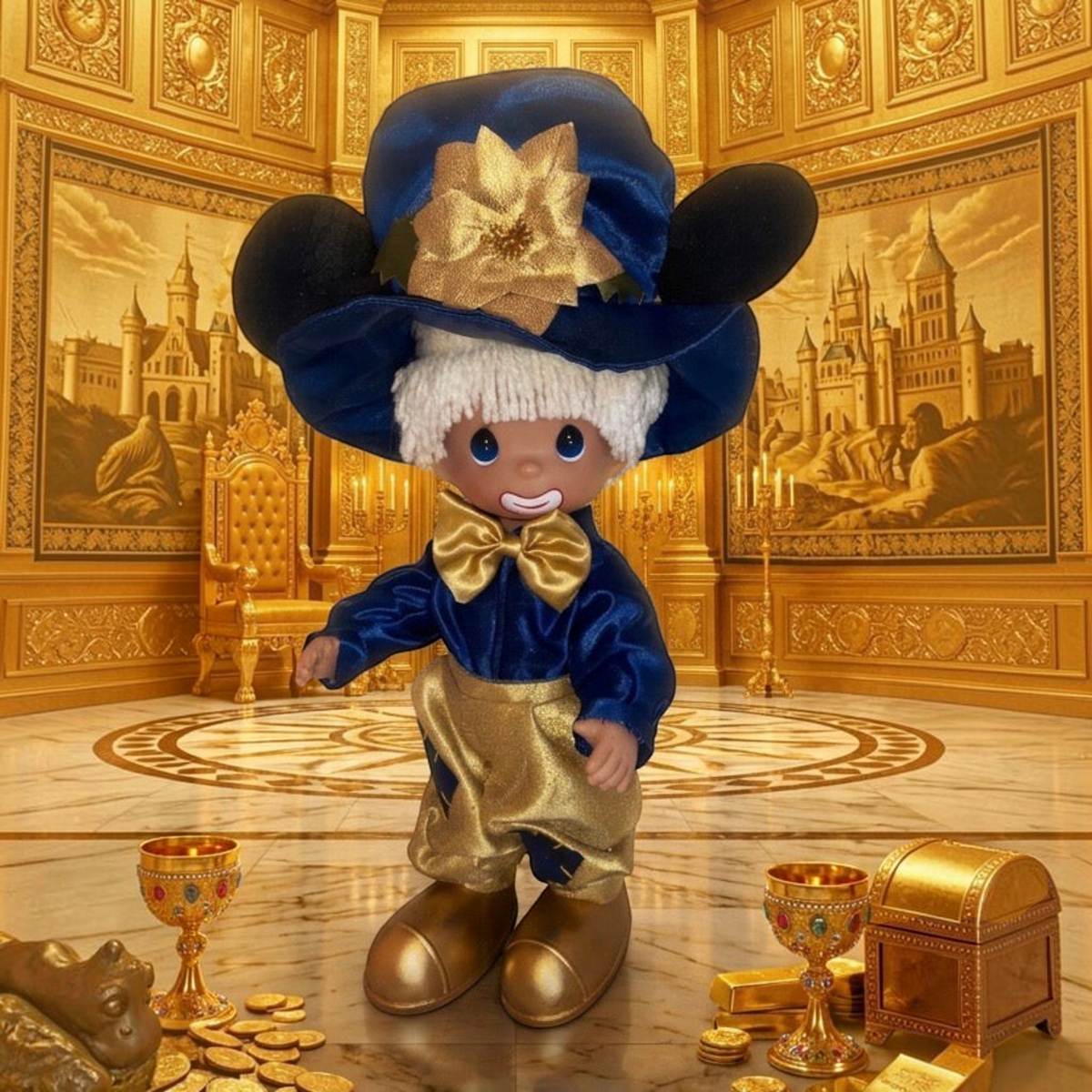 The Doll Maker 50th anniversary Hobo 12-inch doll in blue and gold outfit with matching top hat in a palace setting.