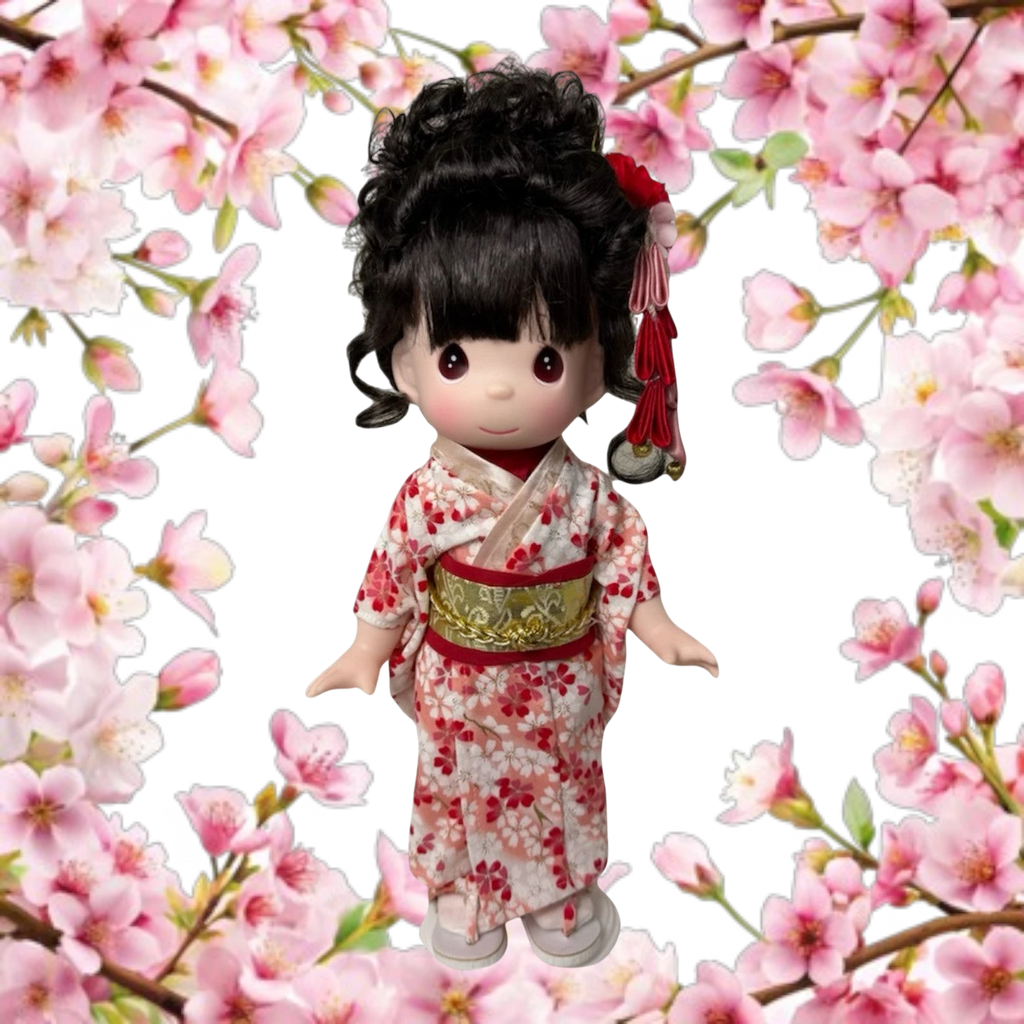 The Doll Maker Japanese Girl’s Day Honoka doll wearing a floral kimono with gold obi and hair accessory, cherry blossoms