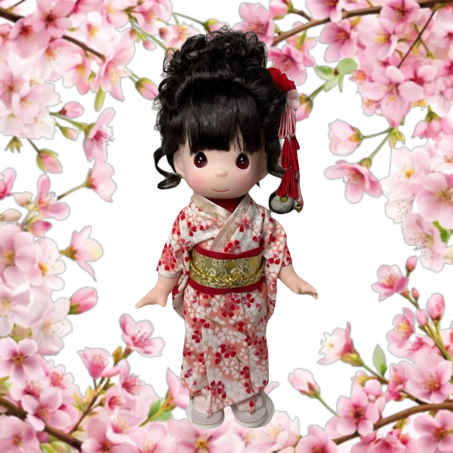 The Doll Maker Japanese Girl’s Day Honoka doll wearing a floral kimono with gold obi and hair accessory, cherry blossoms