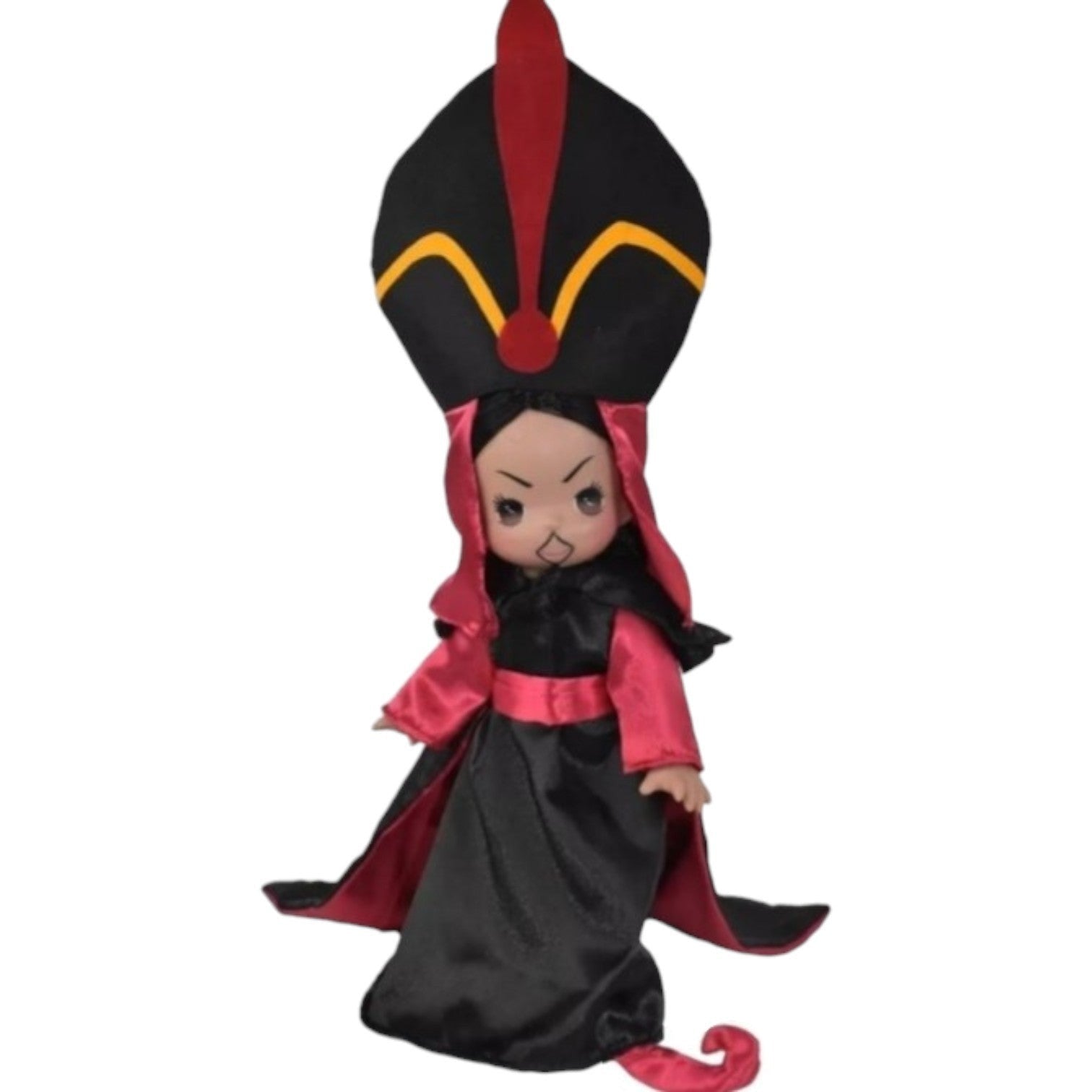 The Doll Maker 12-inch Jafar collectible doll wearing a tall black headpiece and dramatic black and red sorcerer robes.