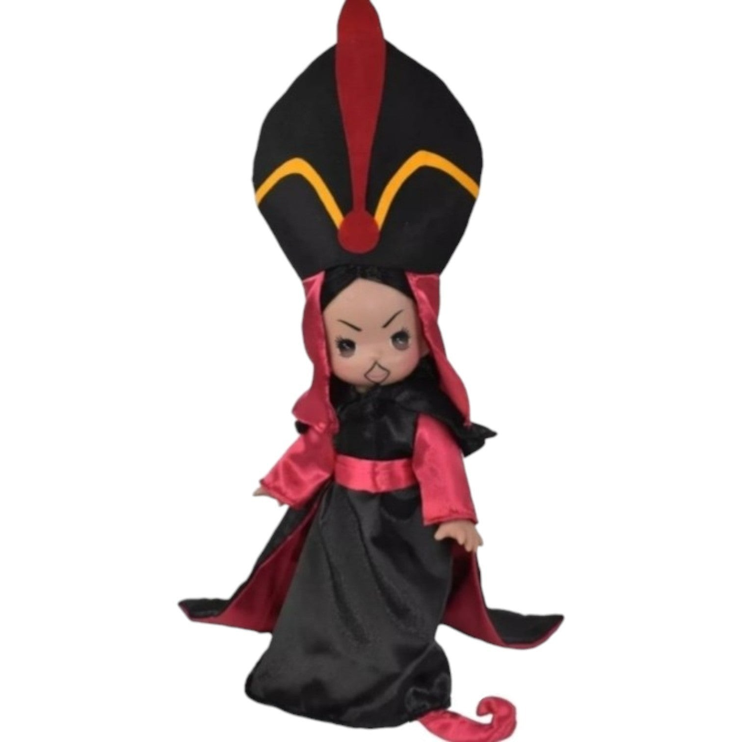 The Doll Maker 12-inch Jafar vinyl doll wearing a signature towering headpiece and dramatic black and red robes.