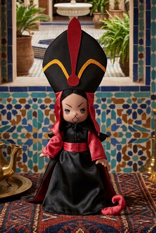 The Doll Maker 12-inch Jafar vinyl doll wearing a signature black and red robe with a tall, detailed headpiece.